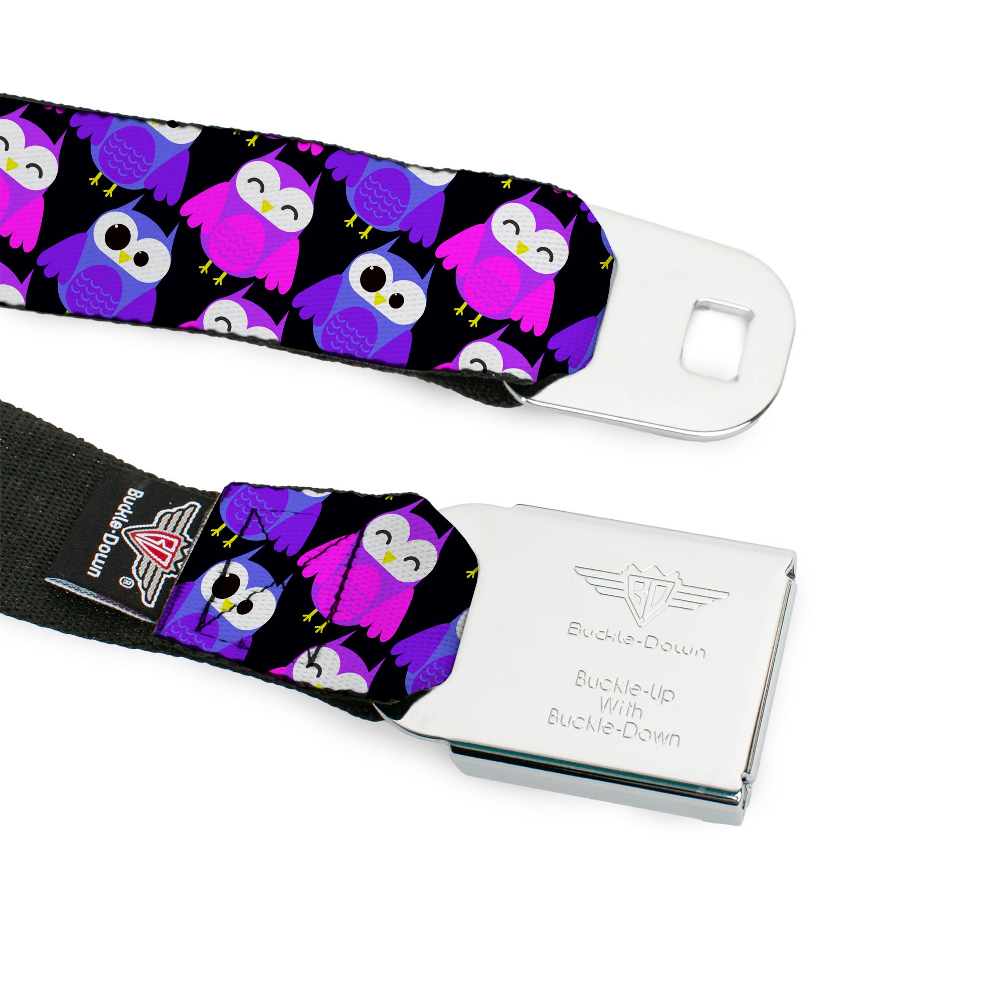 BD Wings Logo CLOSE-UP Full Color Black Silver Seatbelt Belt - Owl Eyes Black/Purples/Pinks Webbing Seatbelt Belts Buckle-Down