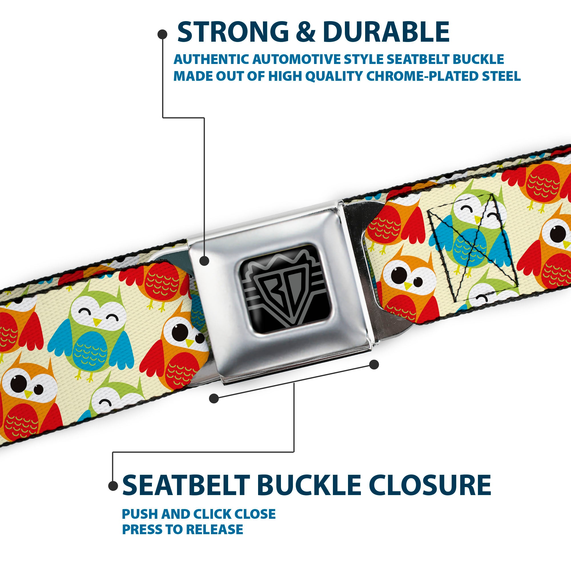 BD Wings Logo CLOSE-UP Full Color Black Silver Seatbelt Belt - Owl Eyes Yellow/Reds/Blues Webbing Seatbelt Belts Buckle-Down