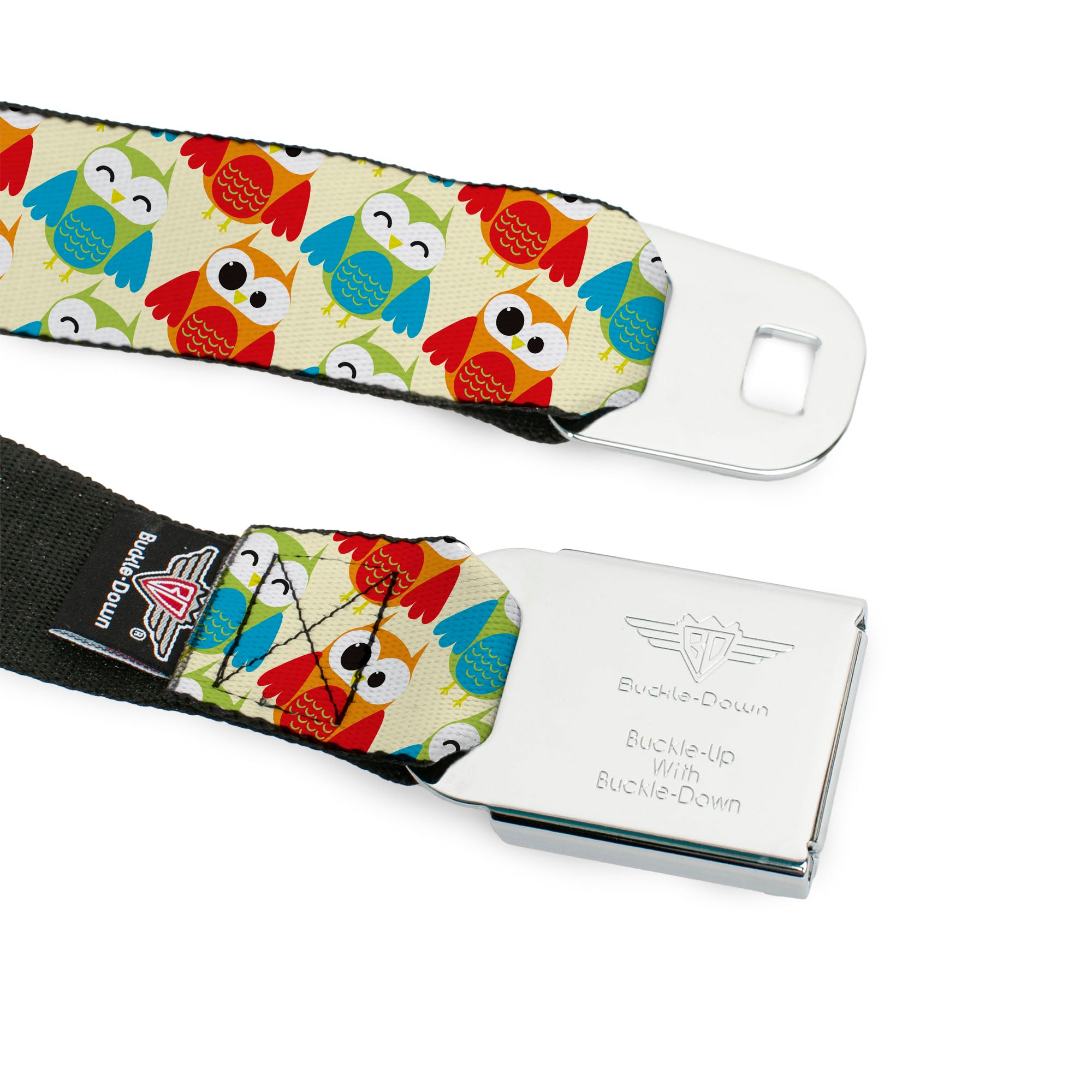 BD Wings Logo CLOSE-UP Full Color Black Silver Seatbelt Belt - Owl Eyes Yellow/Reds/Blues Webbing Seatbelt Belts Buckle-Down