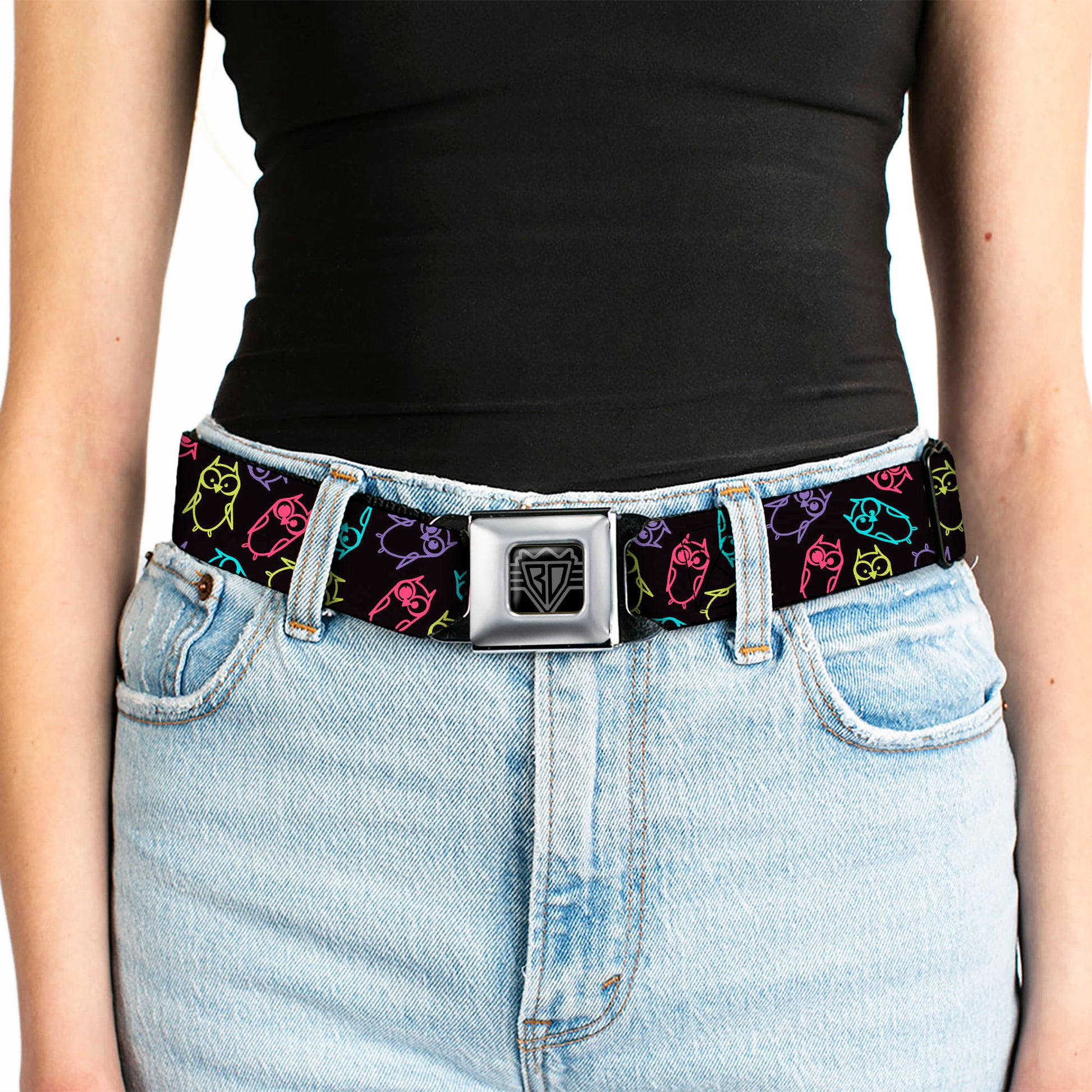 BD Wings Logo CLOSE-UP Full Color Black Silver Seatbelt Belt - Owl Sketch Black/Multi Color Webbing Seatbelt Belts Buckle-Down