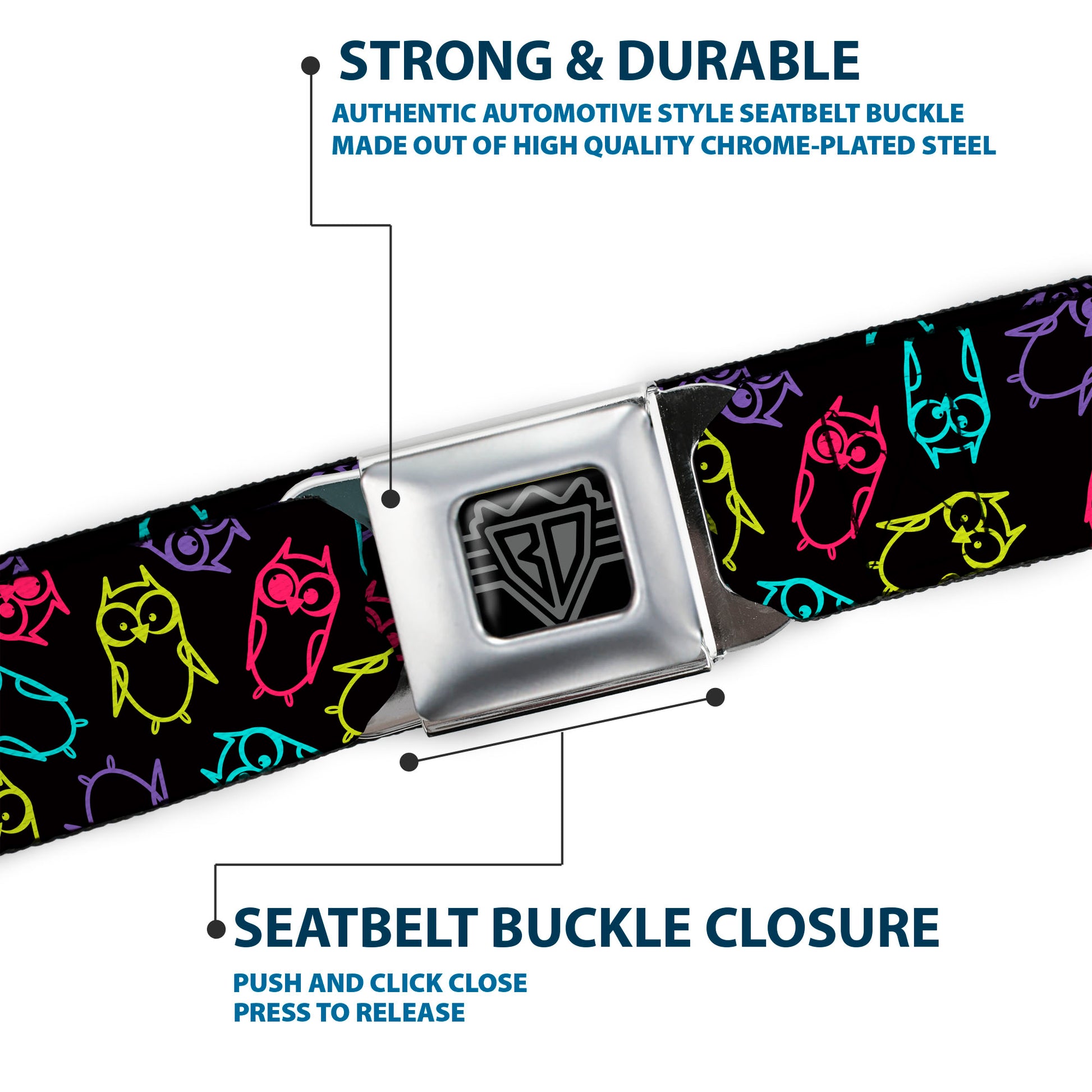 BD Wings Logo CLOSE-UP Full Color Black Silver Seatbelt Belt - Owl Sketch Black/Multi Color Webbing Seatbelt Belts Buckle-Down