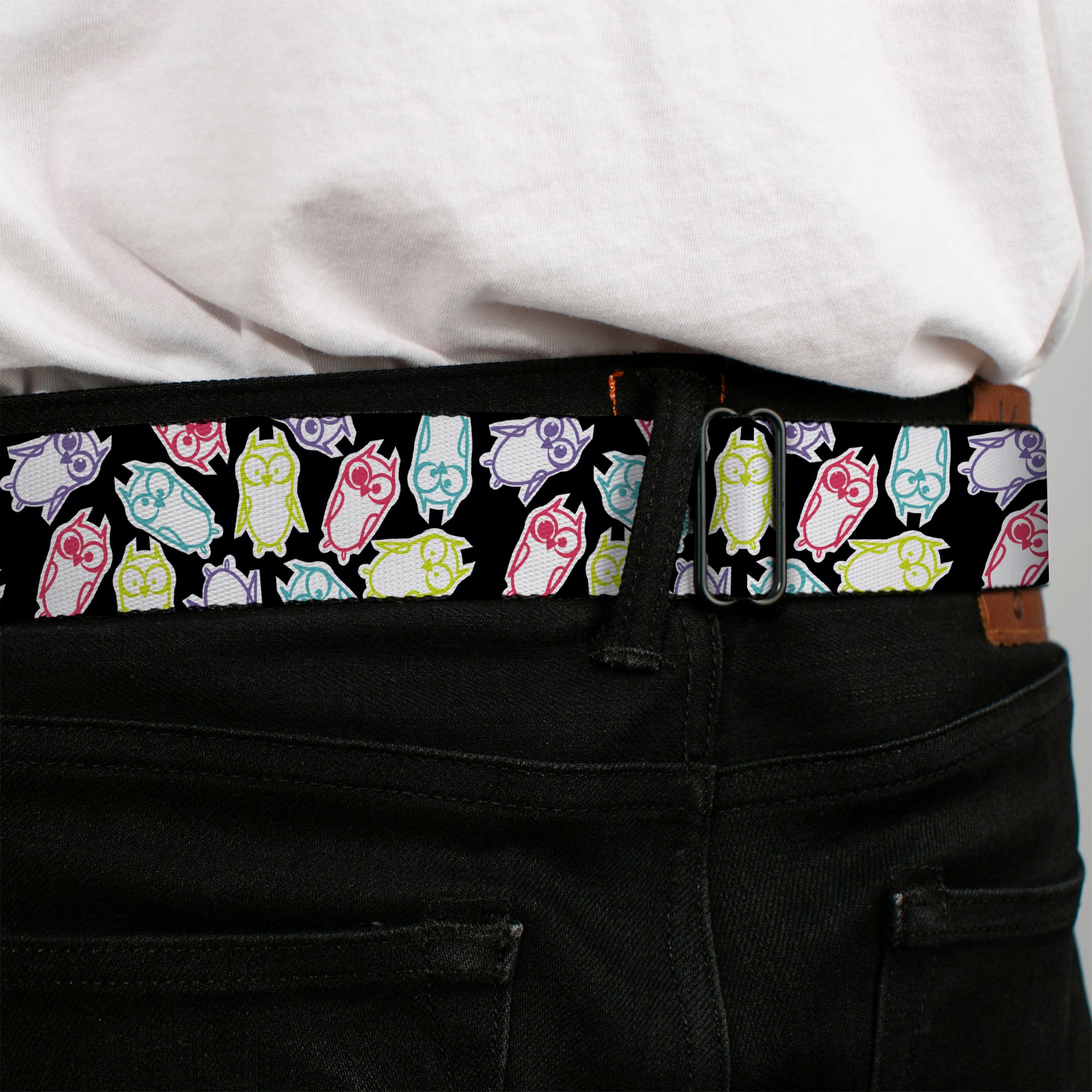 BD Wings Logo CLOSE-UP Full Color Black Silver Seatbelt Belt - Owl Sketch Black/White/Multi Color Webbing Seatbelt Belts Buckle-Down