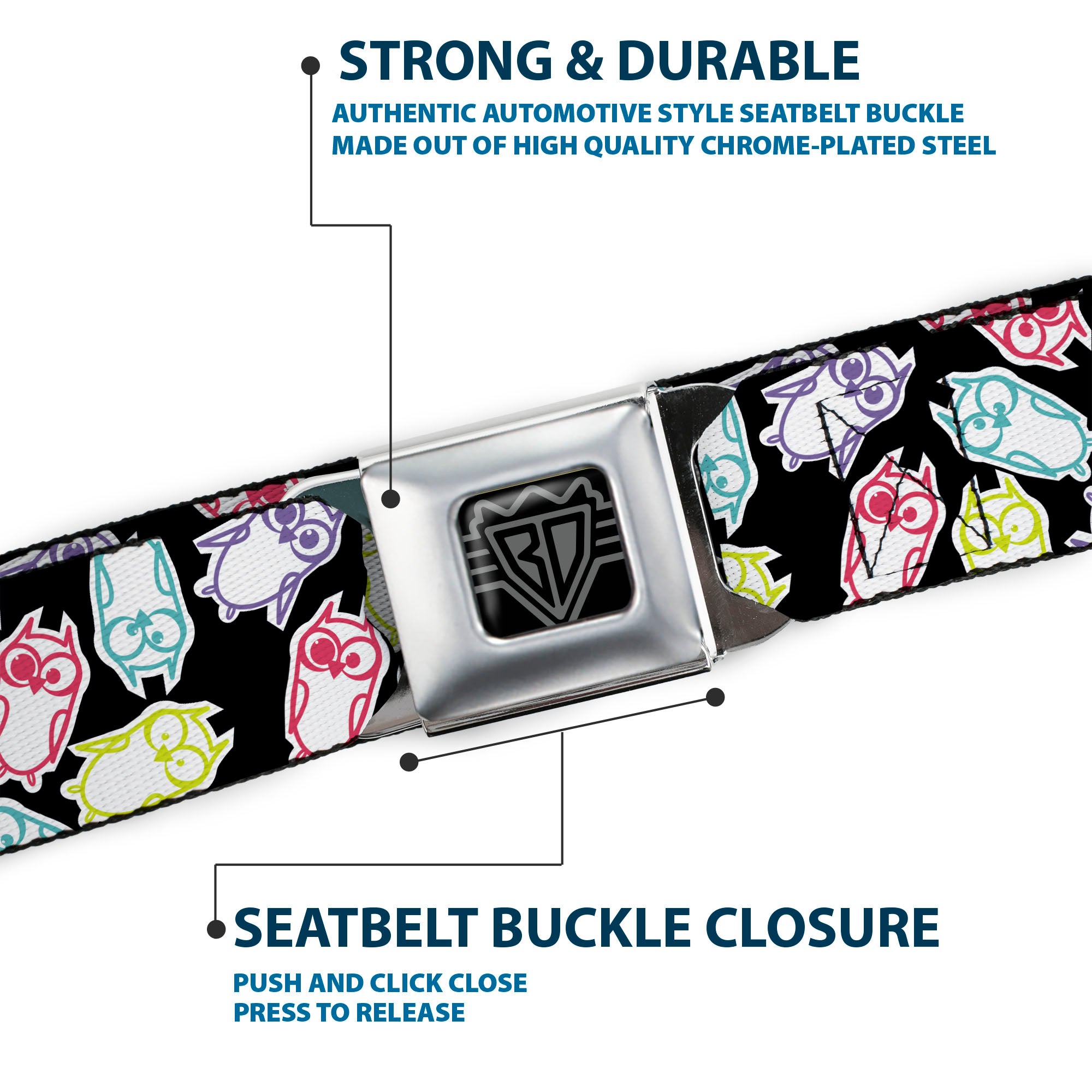 BD Wings Logo CLOSE-UP Full Color Black Silver Seatbelt Belt - Owl Sketch Black/White/Multi Color Webbing Seatbelt Belts Buckle-Down