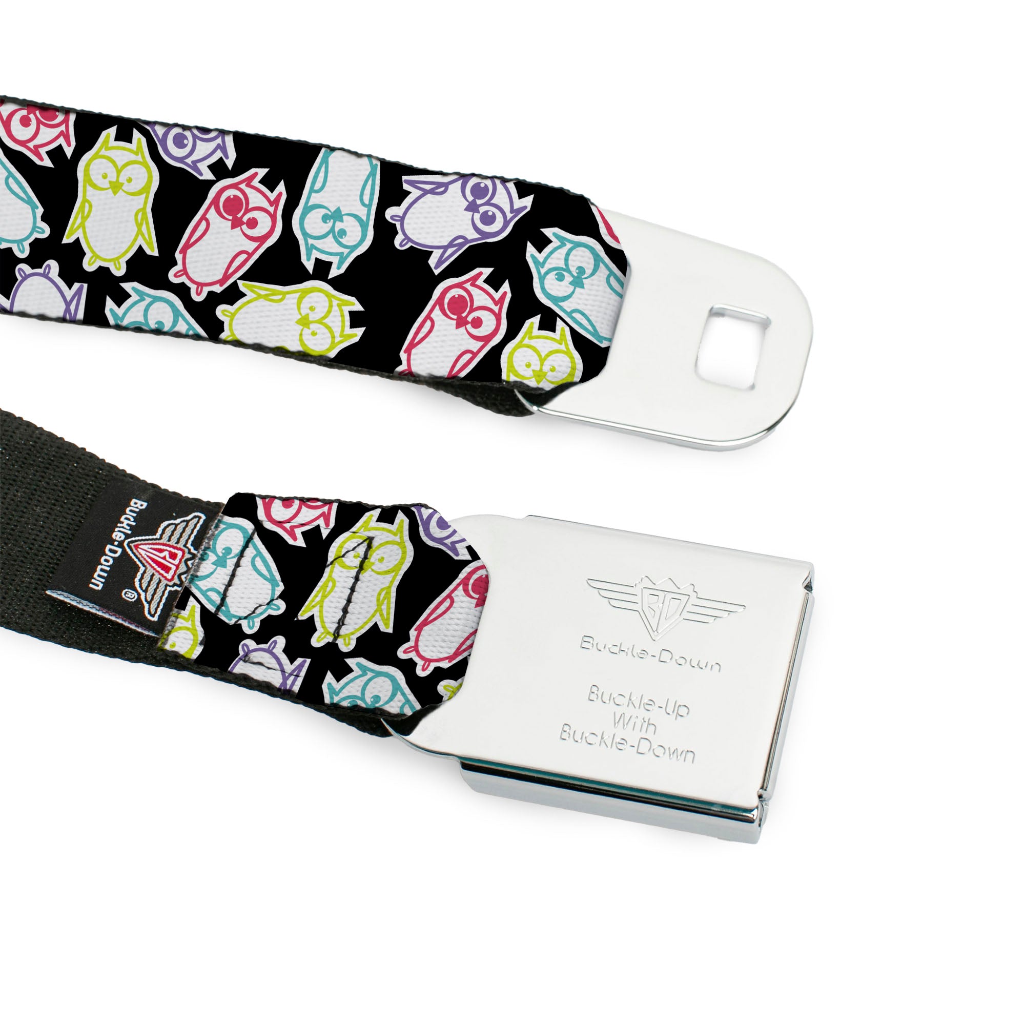 BD Wings Logo CLOSE-UP Full Color Black Silver Seatbelt Belt - Owl Sketch Black/White/Multi Color Webbing Seatbelt Belts Buckle-Down