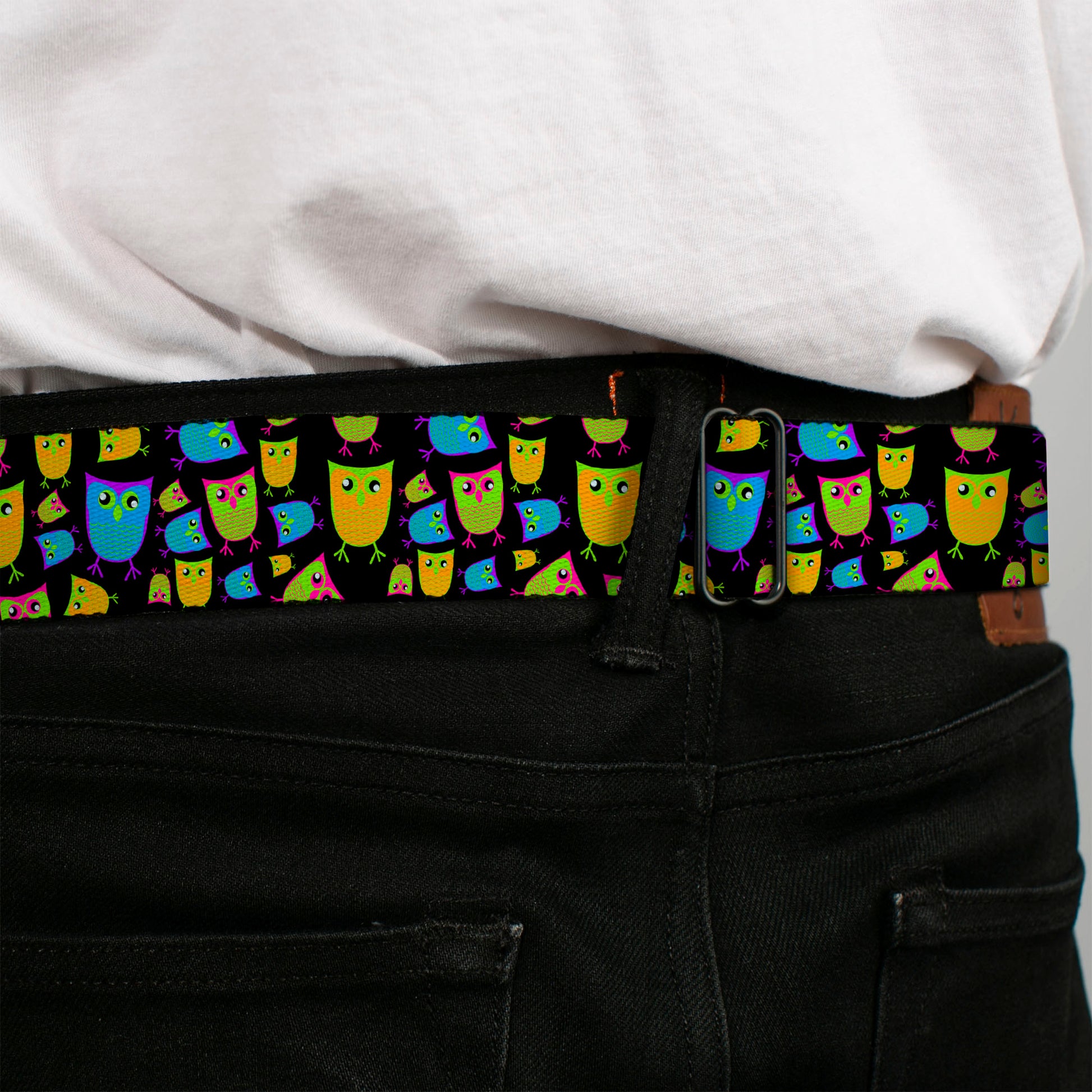 BD Wings Logo CLOSE-UP Full Color Black Silver Seatbelt Belt - Owls Black/Multi Neon Webbing Seatbelt Belts Buckle-Down