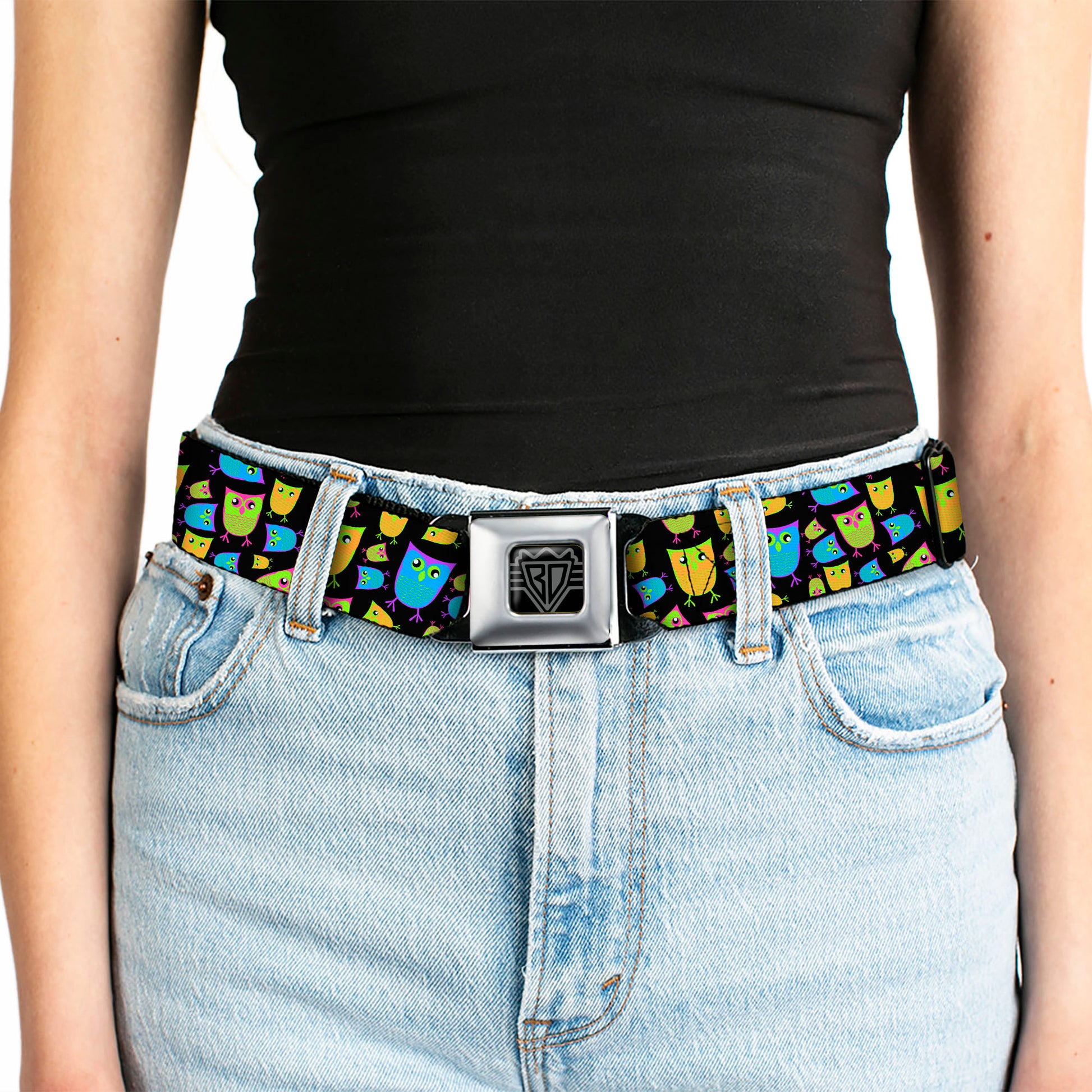 BD Wings Logo CLOSE-UP Full Color Black Silver Seatbelt Belt - Owls Black/Multi Neon Webbing Seatbelt Belts Buckle-Down