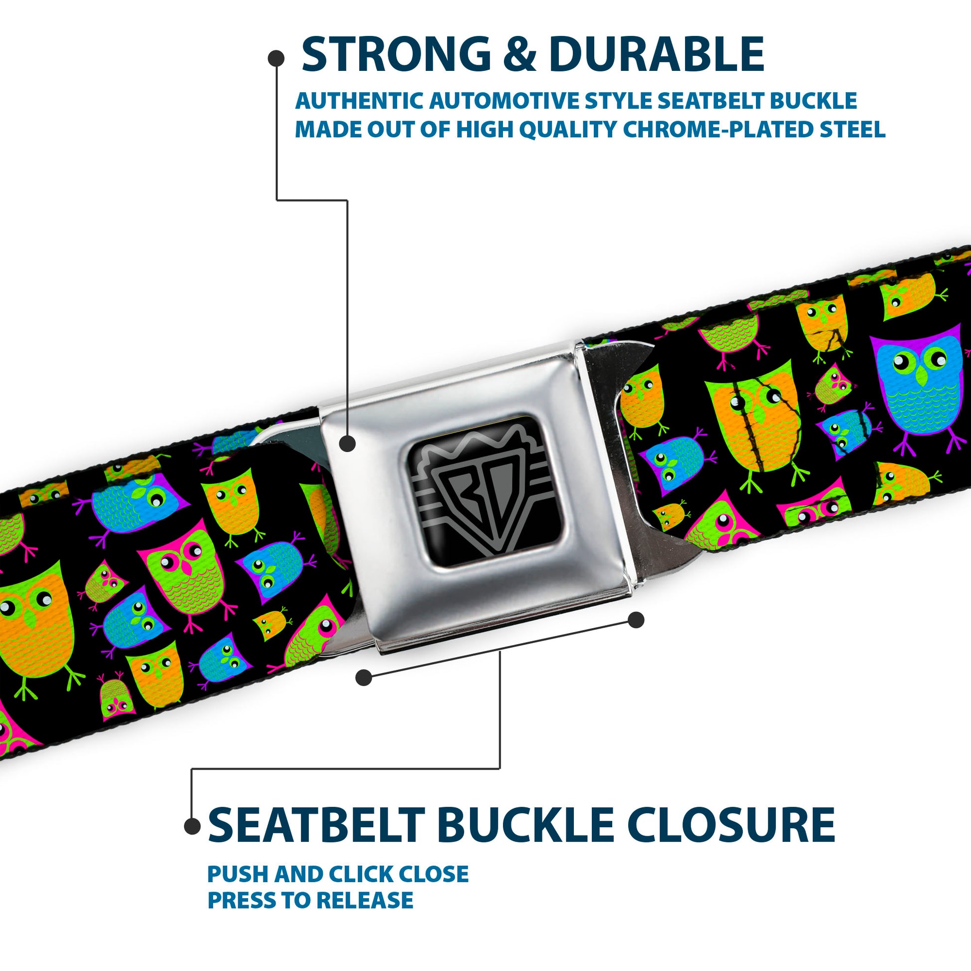 BD Wings Logo CLOSE-UP Full Color Black Silver Seatbelt Belt - Owls Black/Multi Neon Webbing Seatbelt Belts Buckle-Down