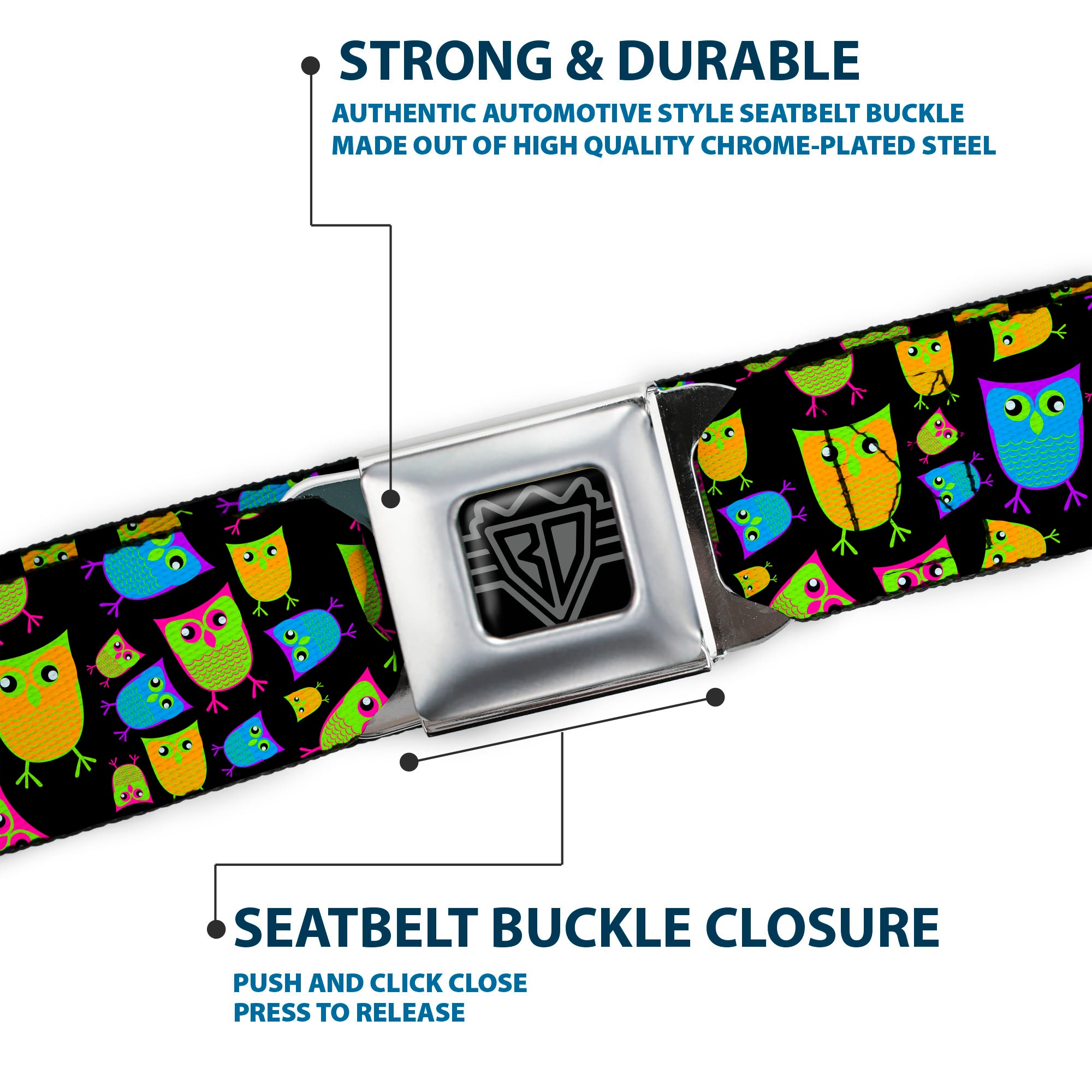 BD Wings Logo CLOSE-UP Full Color Black Silver Seatbelt Belt - Owls Black/Multi Neon Webbing Seatbelt Belts Buckle-Down