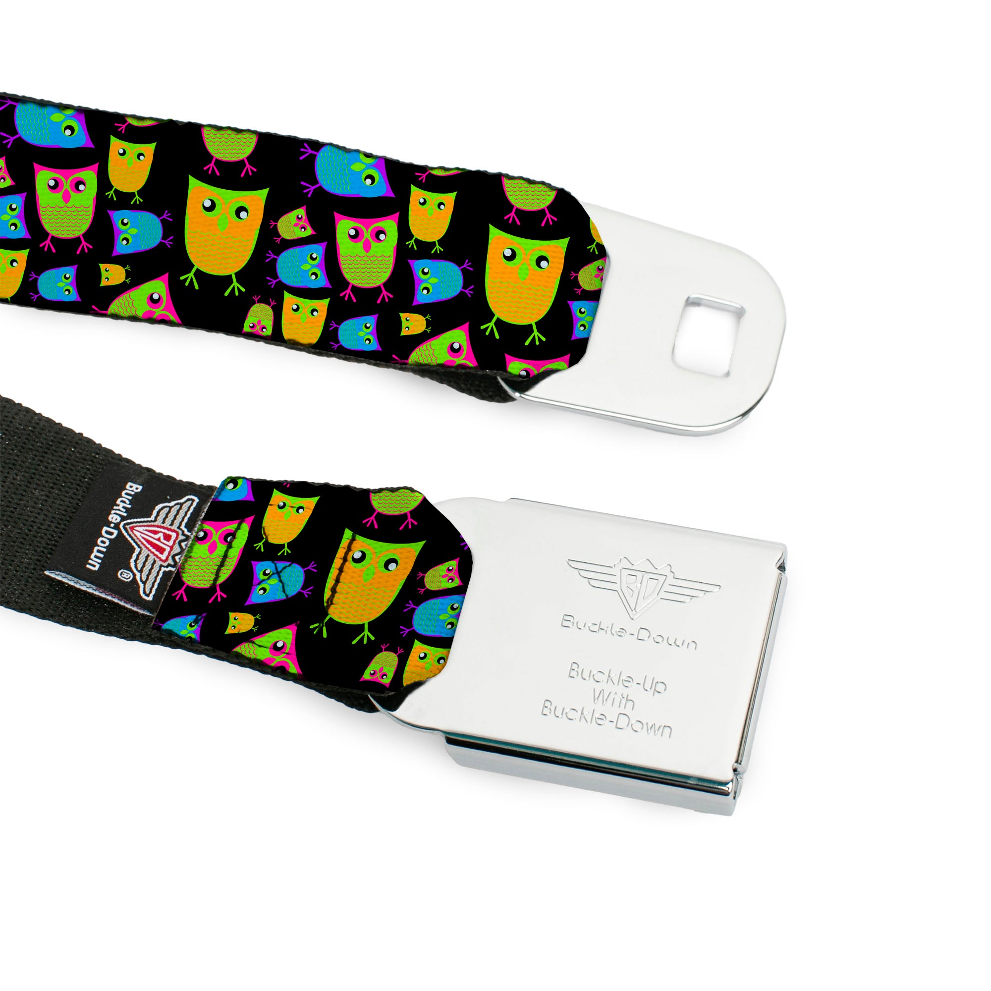 BD Wings Logo CLOSE-UP Full Color Black Silver Seatbelt Belt - Owls Black/Multi Neon Webbing Seatbelt Belts Buckle-Down