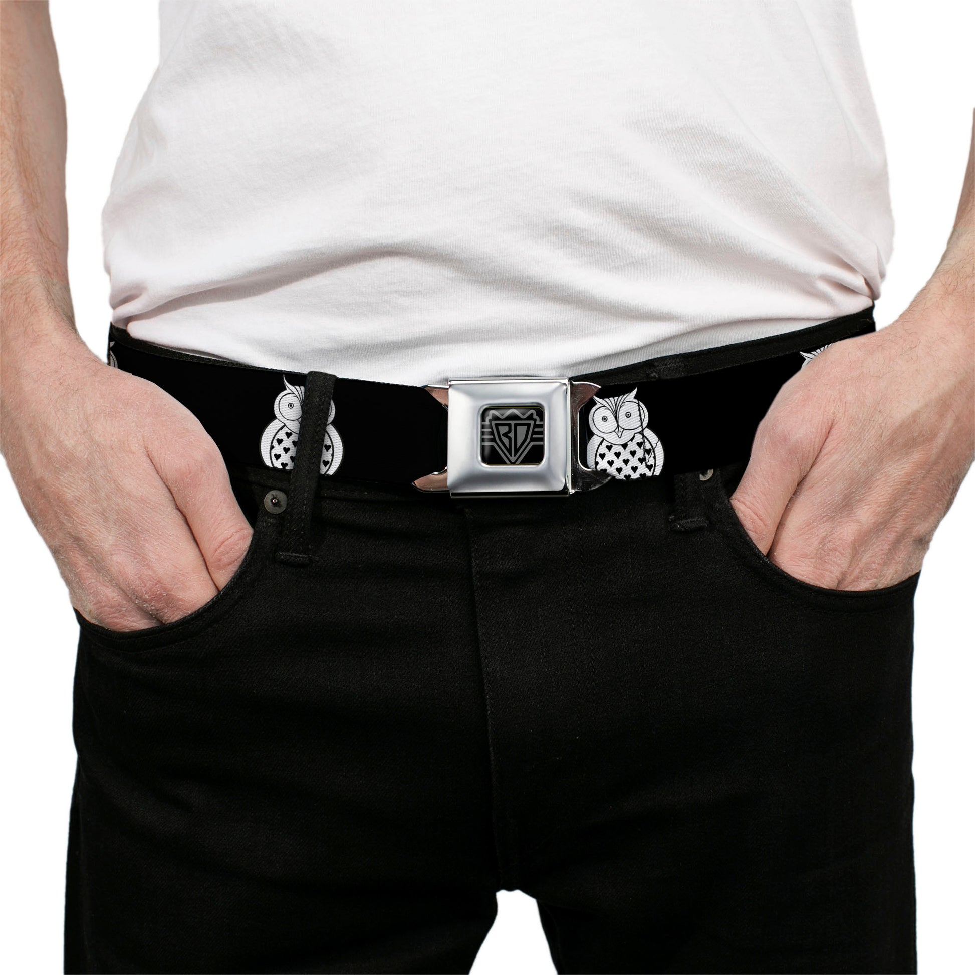 BD Wings Logo CLOSE-UP Full Color Black Silver Seatbelt Belt - Owls Black/White1 Webbing Seatbelt Belts Buckle-Down
