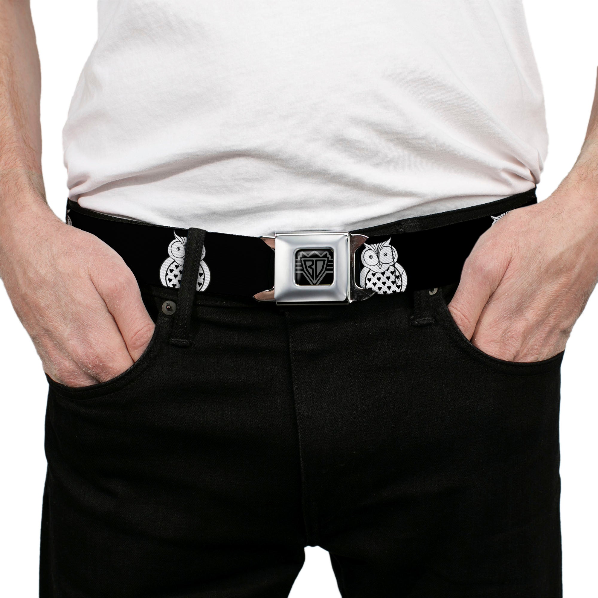 BD Wings Logo CLOSE-UP Full Color Black Silver Seatbelt Belt - Owls Black/White1 Webbing Seatbelt Belts Buckle-Down