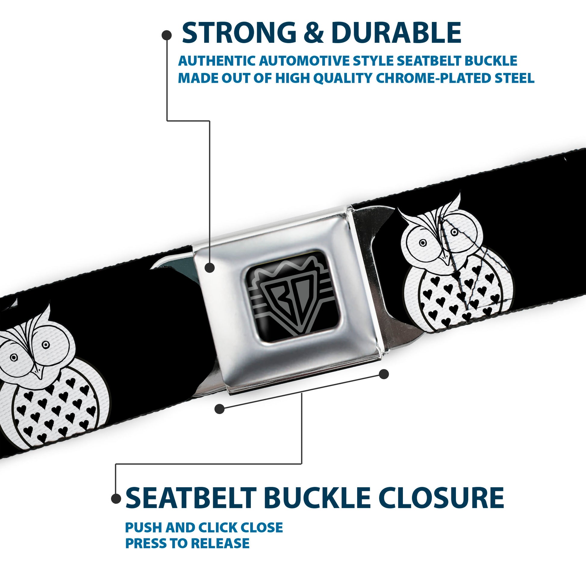 BD Wings Logo CLOSE-UP Full Color Black Silver Seatbelt Belt - Owls Black/White1 Webbing Seatbelt Belts Buckle-Down