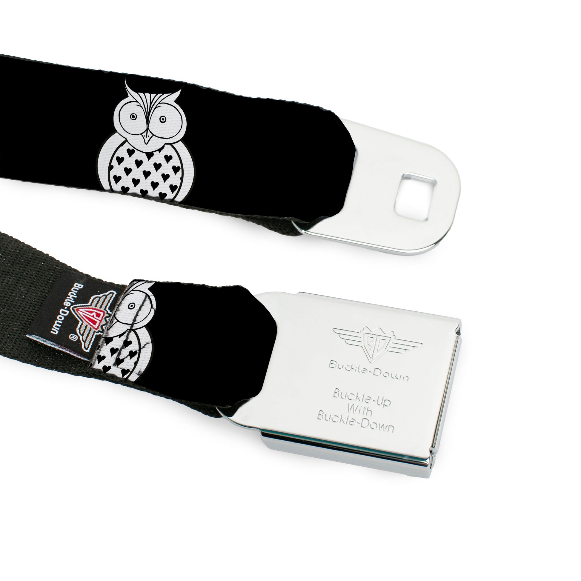 BD Wings Logo CLOSE-UP Full Color Black Silver Seatbelt Belt - Owls Black/White1 Webbing Seatbelt Belts Buckle-Down