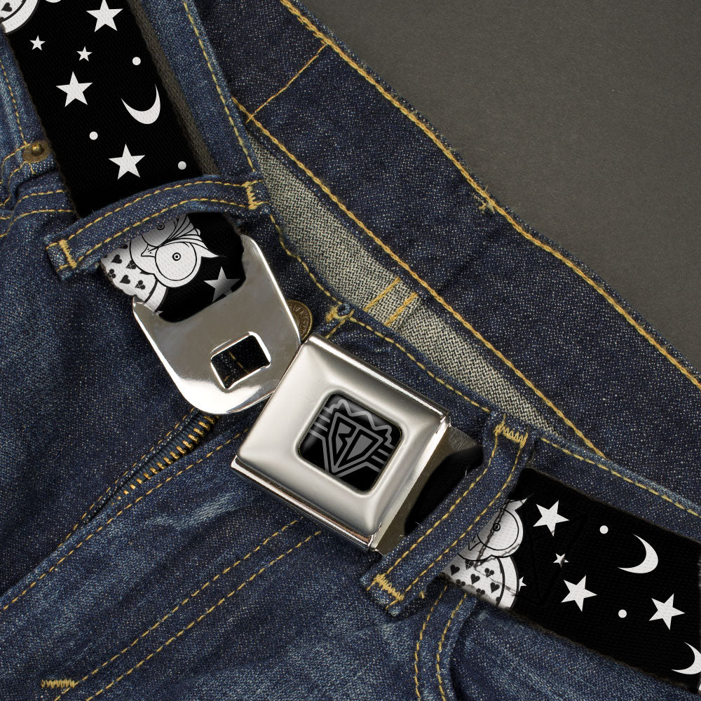 BD Wings Logo CLOSE-UP Black/Silver Seatbelt Belt - Owls Black/White2 Webbing Seatbelt Belts Buckle-Down