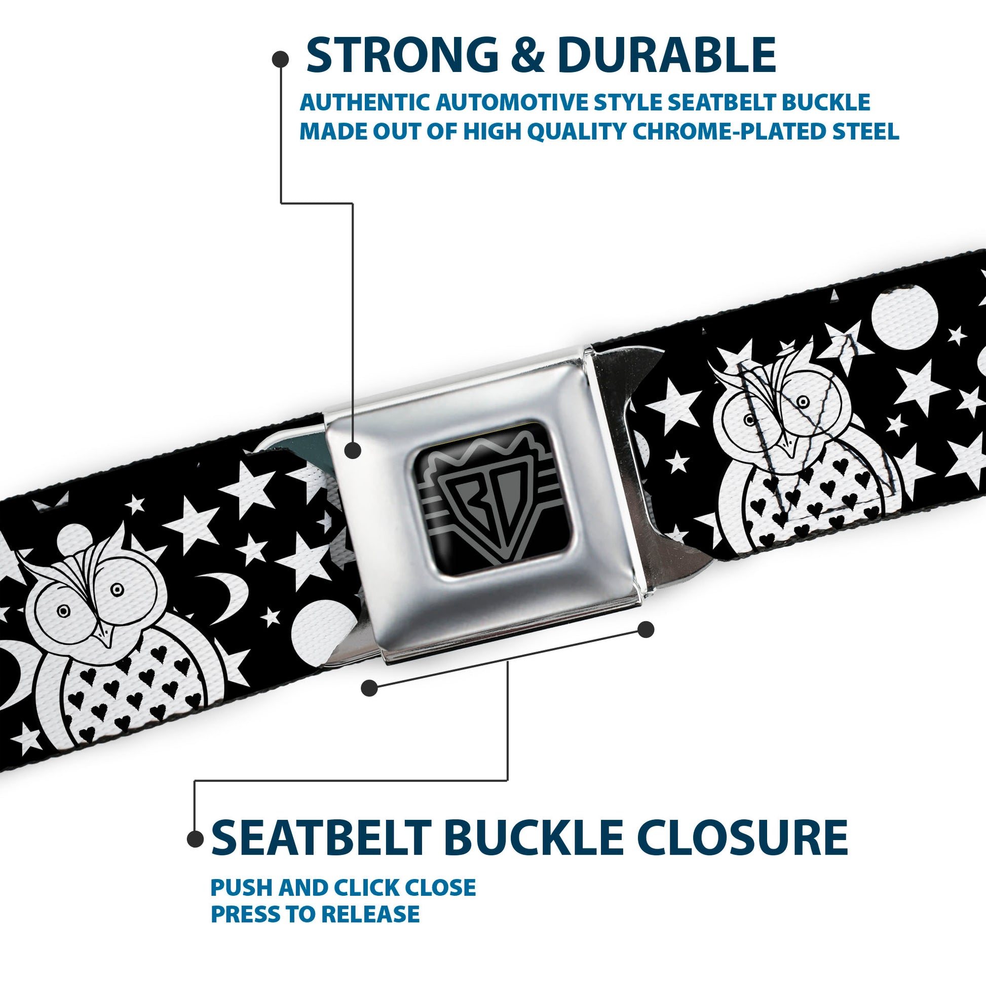 BD Wings Logo CLOSE-UP Black/Silver Seatbelt Belt - Owls Black/White2 Webbing Seatbelt Belts Buckle-Down