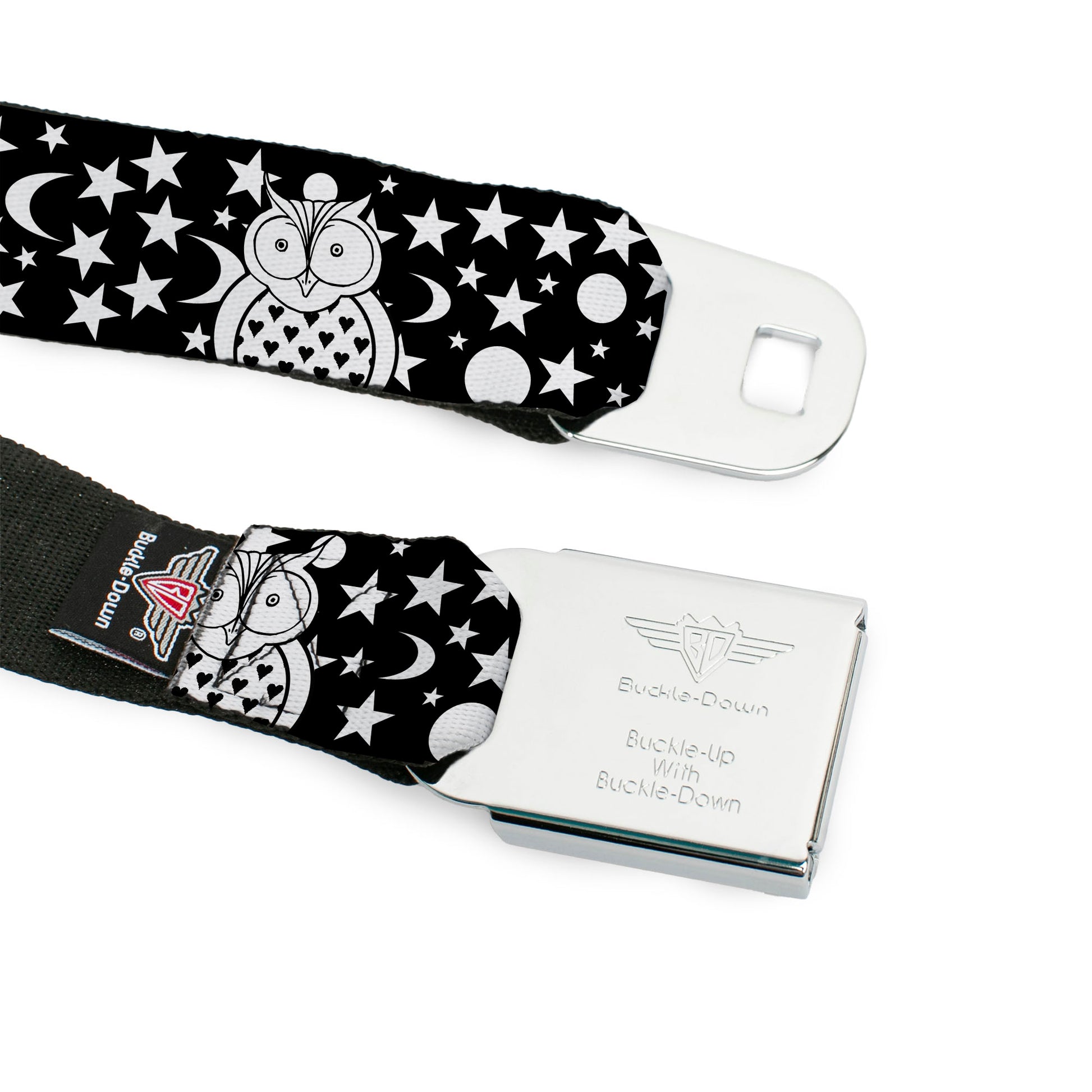 BD Wings Logo CLOSE-UP Black/Silver Seatbelt Belt - Owls Black/White2 Webbing Seatbelt Belts Buckle-Down
