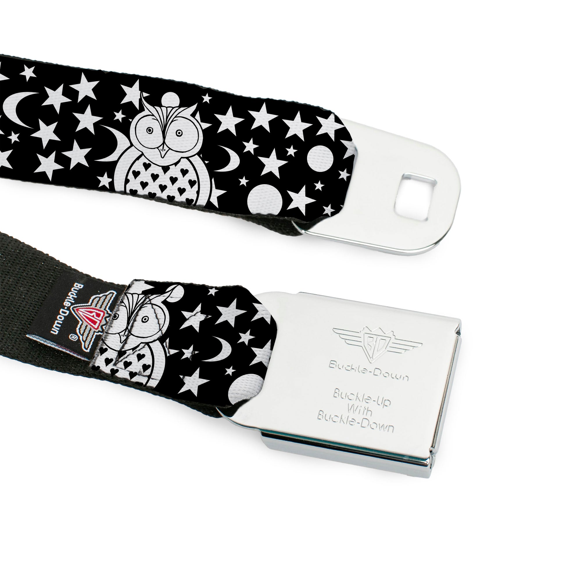 BD Wings Logo CLOSE-UP Black/Silver Seatbelt Belt - Owls Black/White2 Webbing Seatbelt Belts Buckle-Down