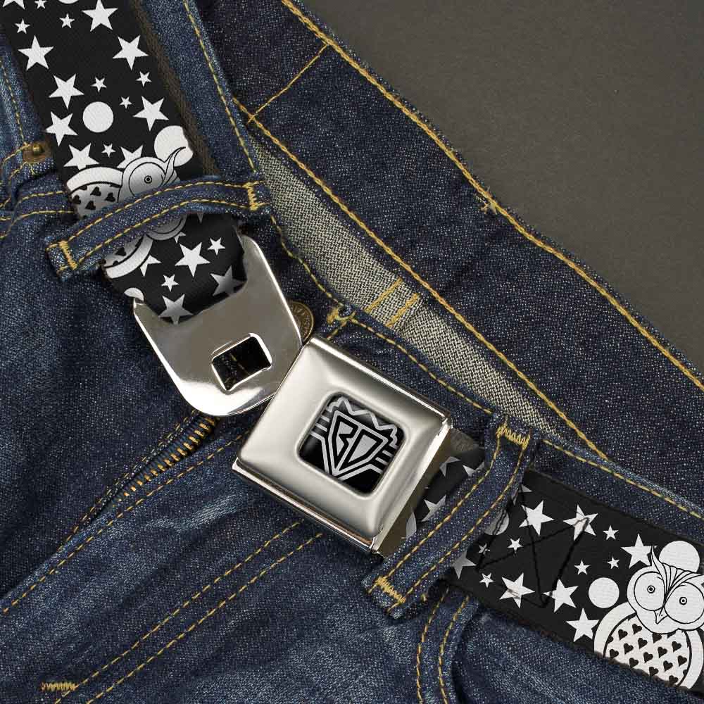 BD Wings Logo CLOSE-UP Full Color Black Silver Seatbelt Belt - Owls Black/White3 Webbing Seatbelt Belts Buckle-Down