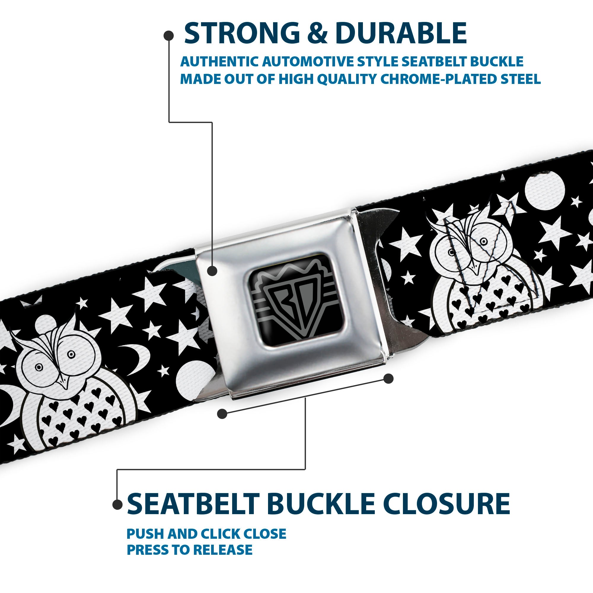 BD Wings Logo CLOSE-UP Full Color Black Silver Seatbelt Belt - Owls Black/White3 Webbing Seatbelt Belts Buckle-Down
