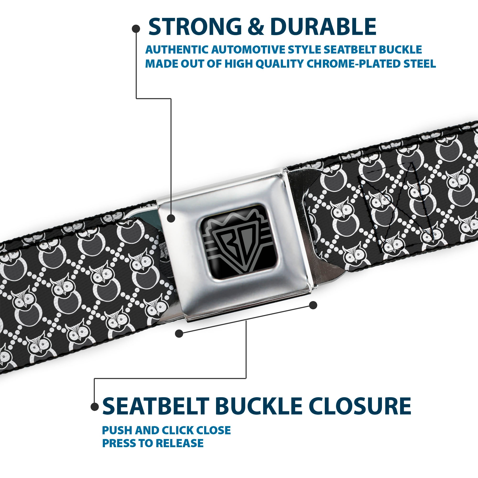 BD Wings Logo CLOSE-UP Full Color Black Silver Seatbelt Belt - Owls Monogram Black/White Webbing Seatbelt Belts Buckle-Down