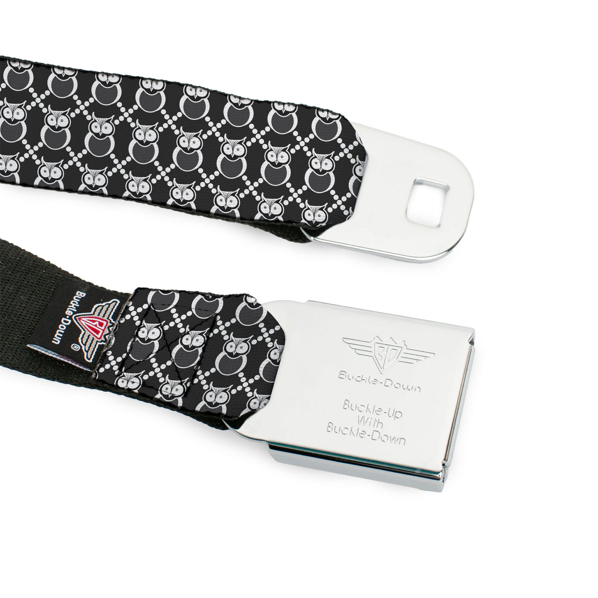 BD Wings Logo CLOSE-UP Full Color Black Silver Seatbelt Belt - Owls Monogram Black/White Webbing Seatbelt Belts Buckle-Down