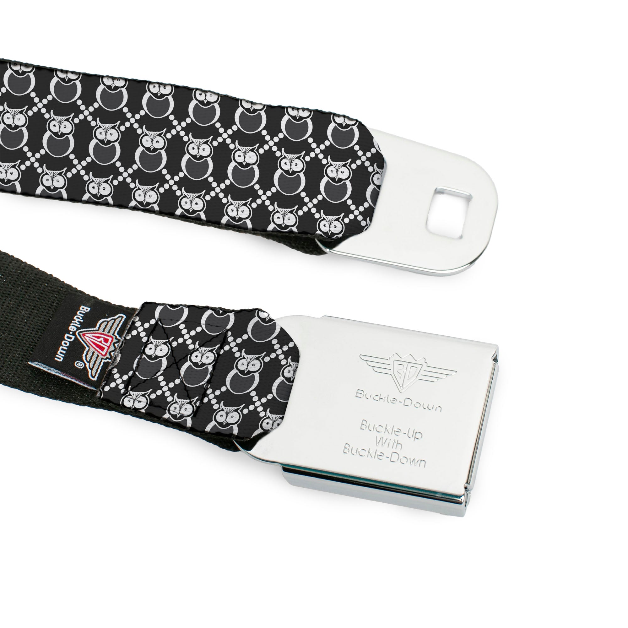 BD Wings Logo CLOSE-UP Full Color Black Silver Seatbelt Belt - Owls Monogram Black/White Webbing Seatbelt Belts Buckle-Down