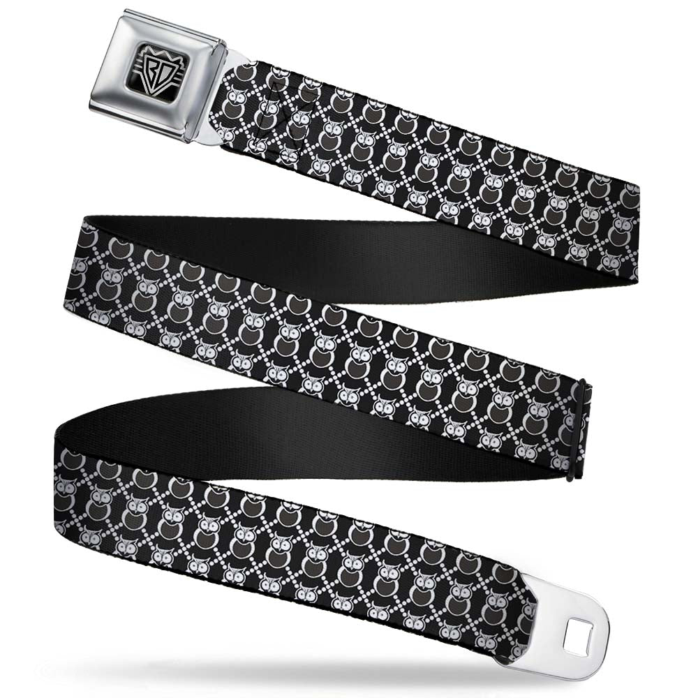 BD Wings Logo CLOSE-UP Full Color Black Silver Seatbelt Belt - Owls Monogram Black/White Webbing Seatbelt Belts Buckle-Down