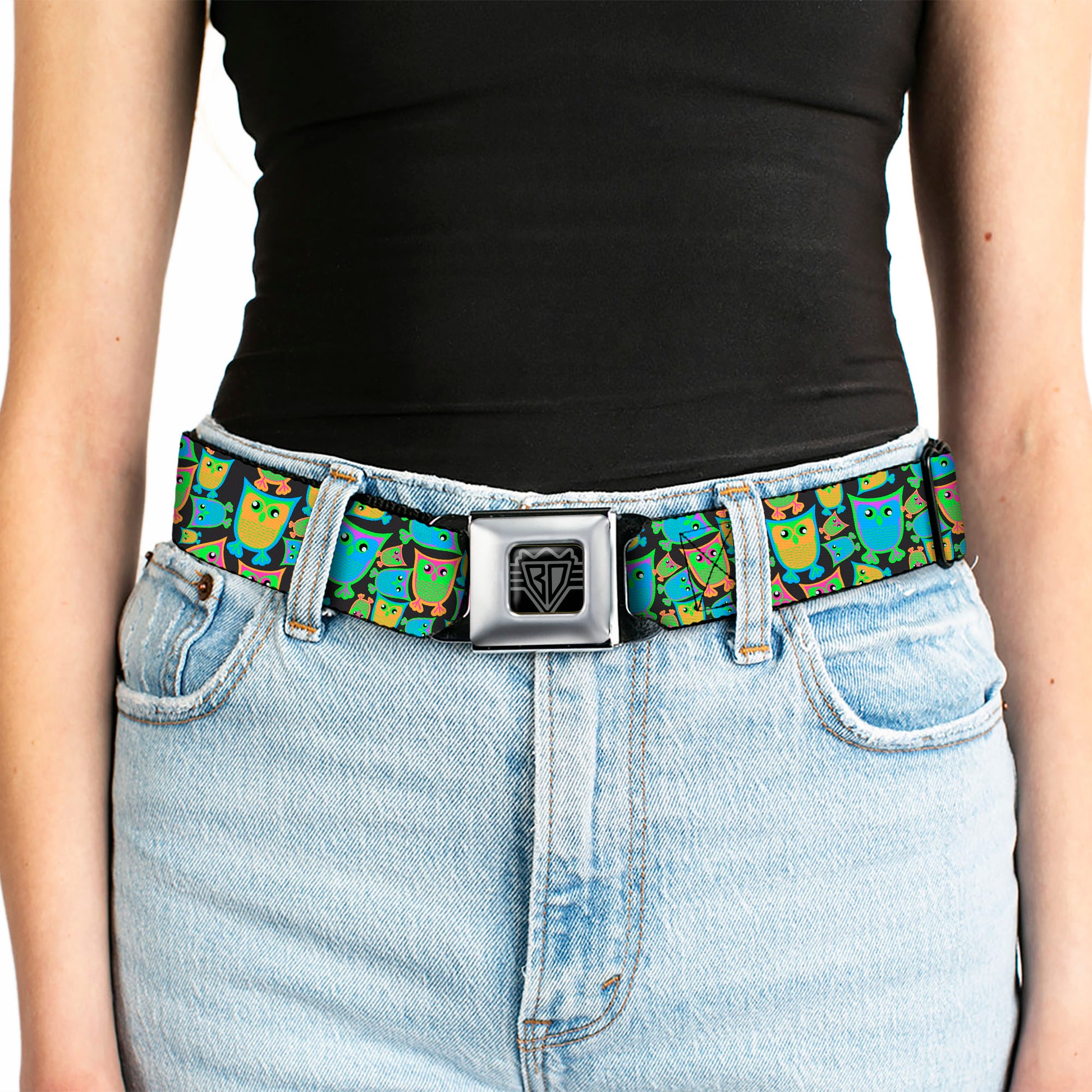 BD Wings Logo CLOSE-UP Full Color Black Silver Seatbelt Belt - Owls w/Outline Black/Multi Neon Webbing Seatbelt Belts Buckle-Down