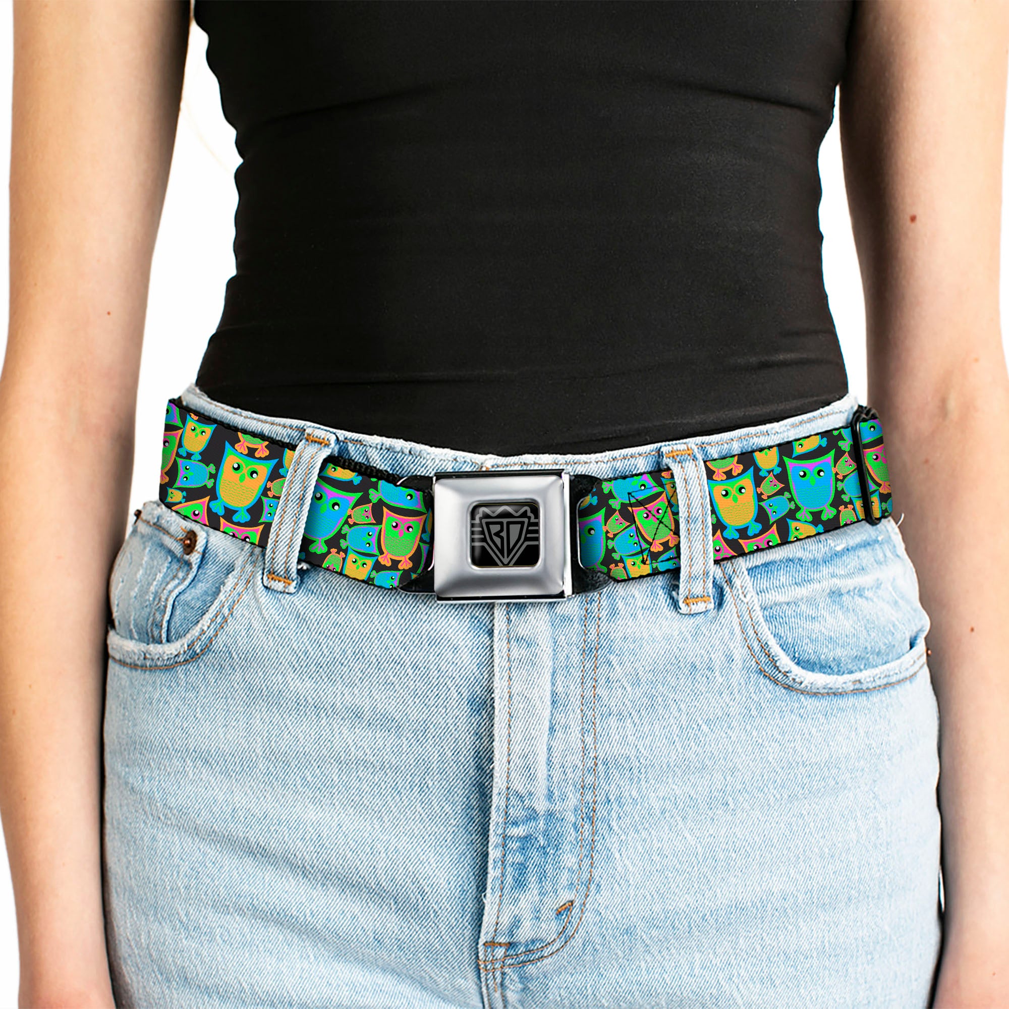 BD Wings Logo CLOSE-UP Full Color Black Silver Seatbelt Belt - Owls w/Outline Black/Multi Neon Webbing Seatbelt Belts Buckle-Down