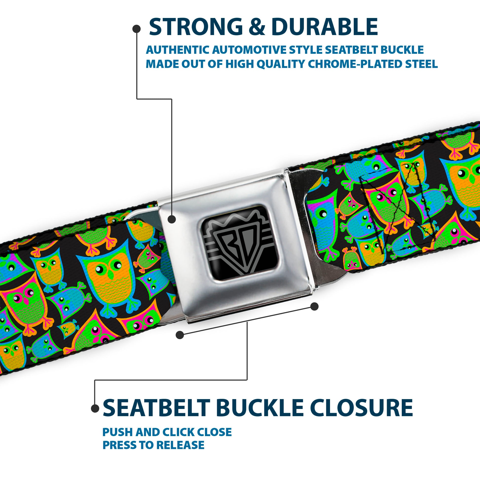 BD Wings Logo CLOSE-UP Full Color Black Silver Seatbelt Belt - Owls w/Outline Black/Multi Neon Webbing Seatbelt Belts Buckle-Down