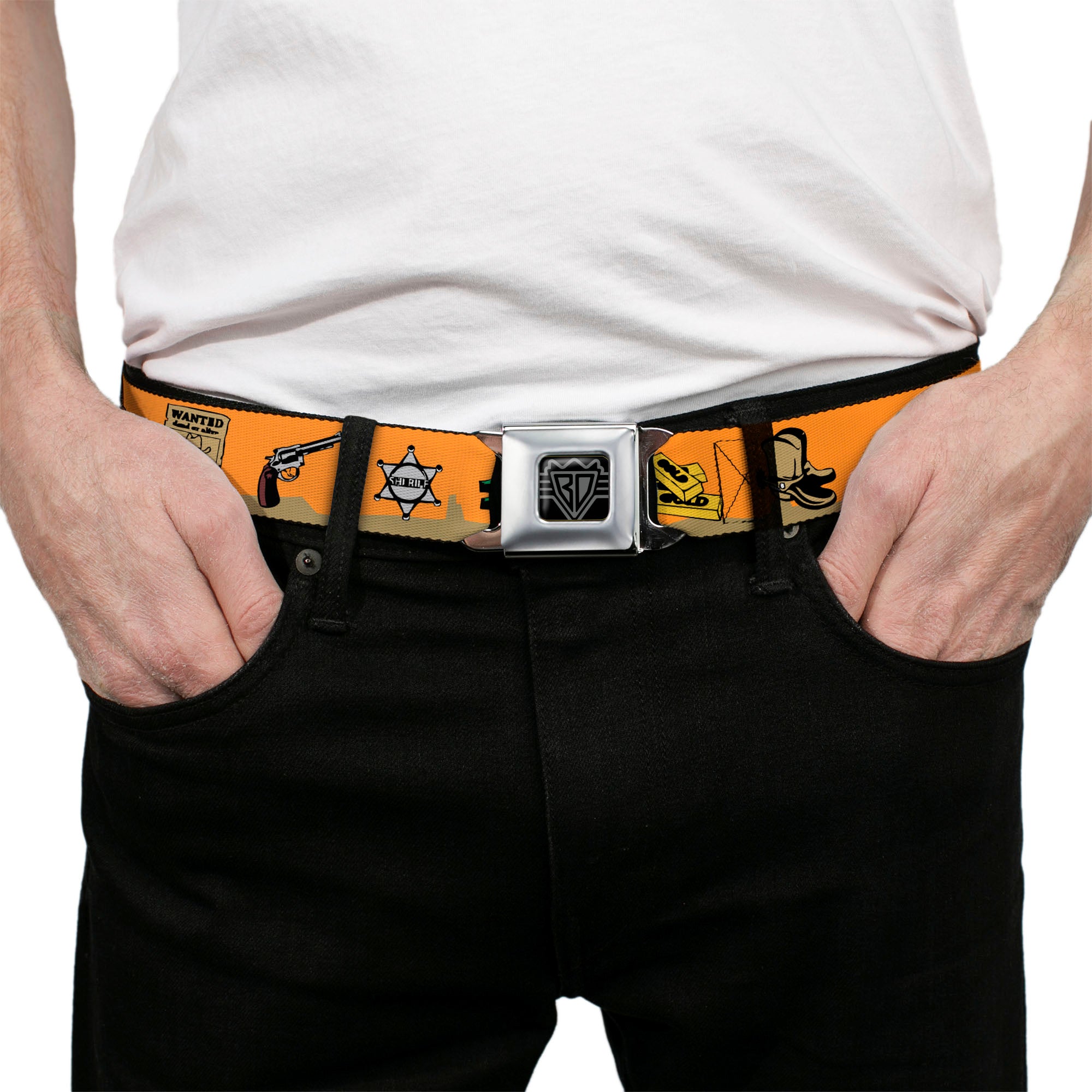 BD Wings Logo CLOSE-UP Full Color Black Silver Seatbelt Belt - Old Western Multi Color Webbing Seatbelt Belts Buckle-Down