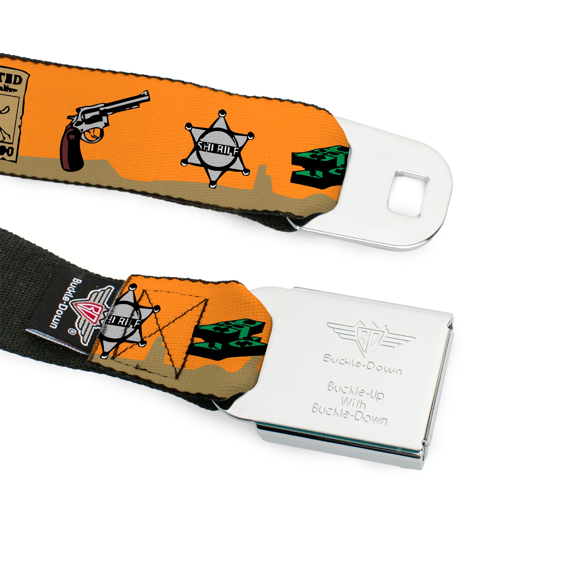BD Wings Logo CLOSE-UP Full Color Black Silver Seatbelt Belt - Old Western Multi Color Webbing Seatbelt Belts Buckle-Down