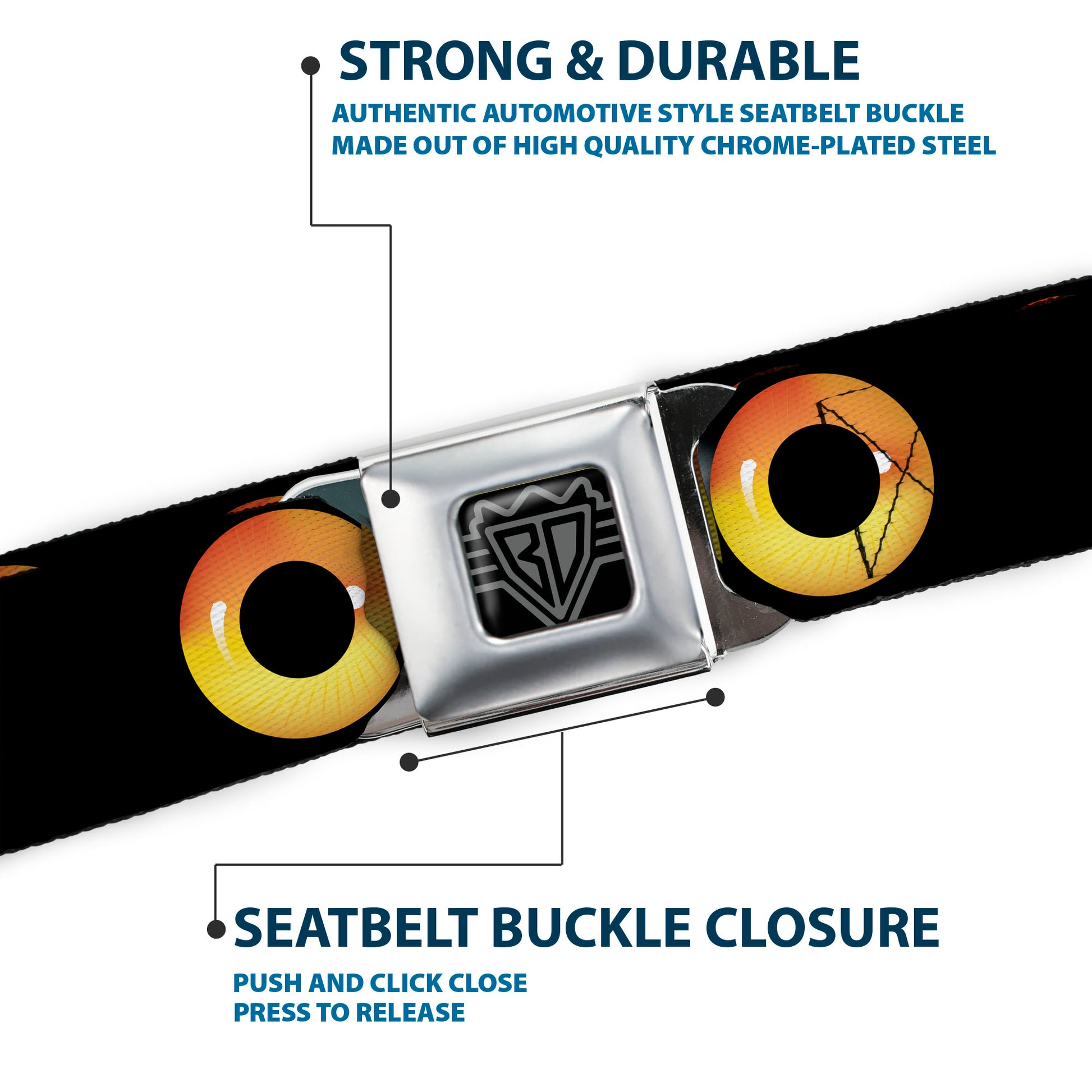 BD Wings Logo CLOSE-UP Full Color Black Silver Seatbelt Belt - Owl Eyes 2 Webbing Seatbelt Belts Buckle-Down