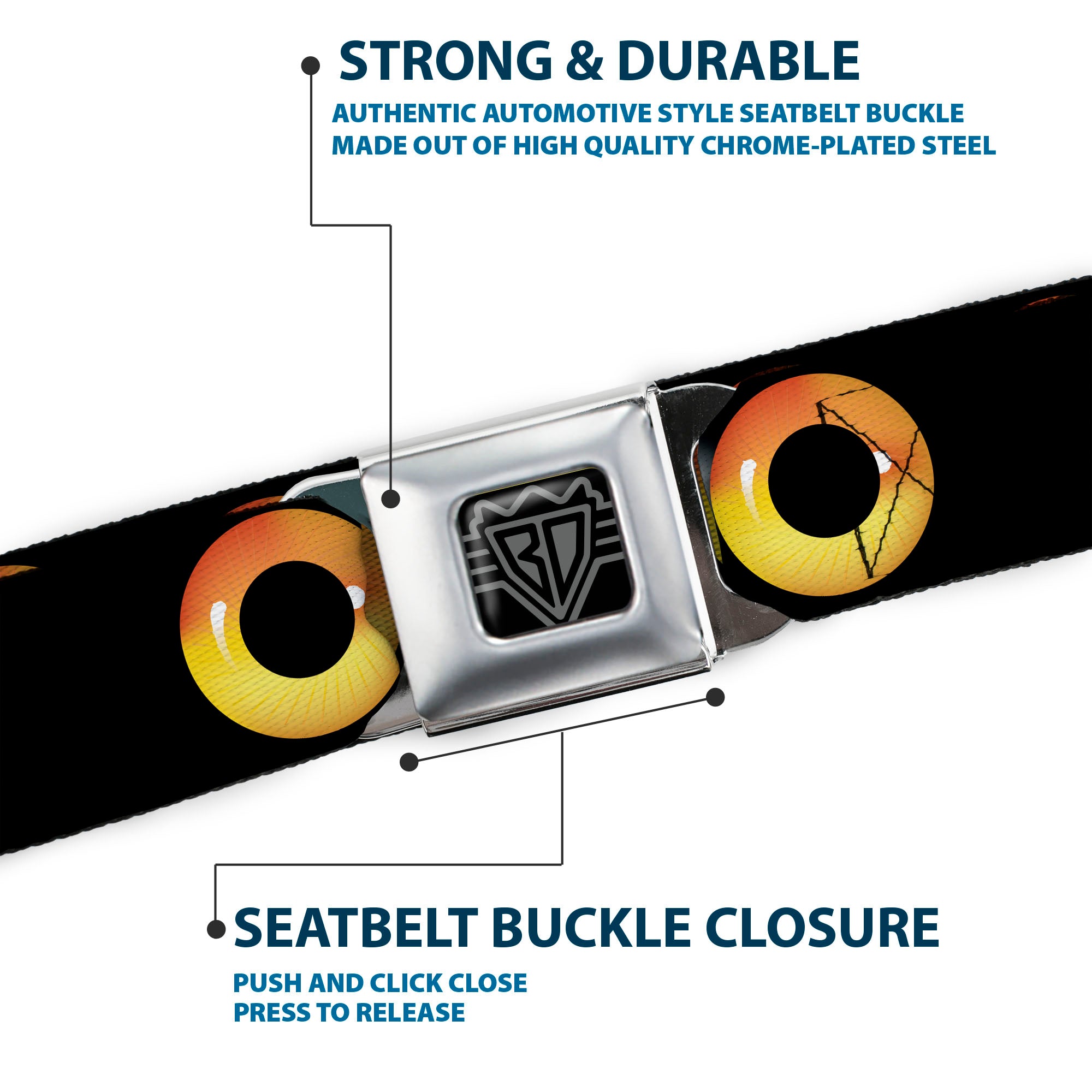 BD Wings Logo CLOSE-UP Full Color Black Silver Seatbelt Belt - Owl Eyes 2 Webbing Seatbelt Belts Buckle-Down
