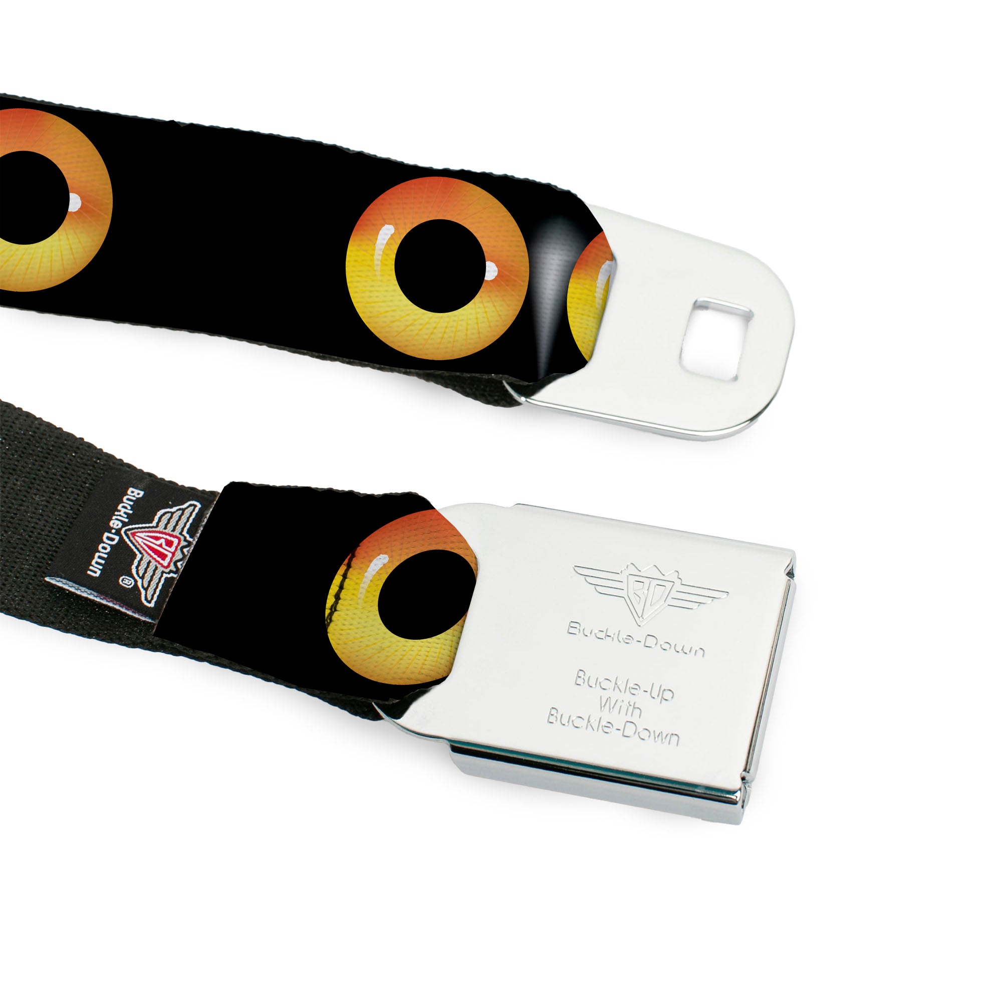 BD Wings Logo CLOSE-UP Full Color Black Silver Seatbelt Belt - Owl Eyes 2 Webbing Seatbelt Belts Buckle-Down