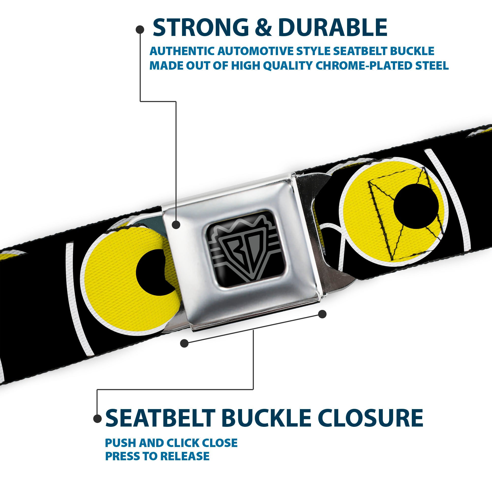 BD Wings Logo CLOSE-UP Full Color Black Silver Seatbelt Belt - Owl Eyes 3 Webbing Seatbelt Belts Buckle-Down