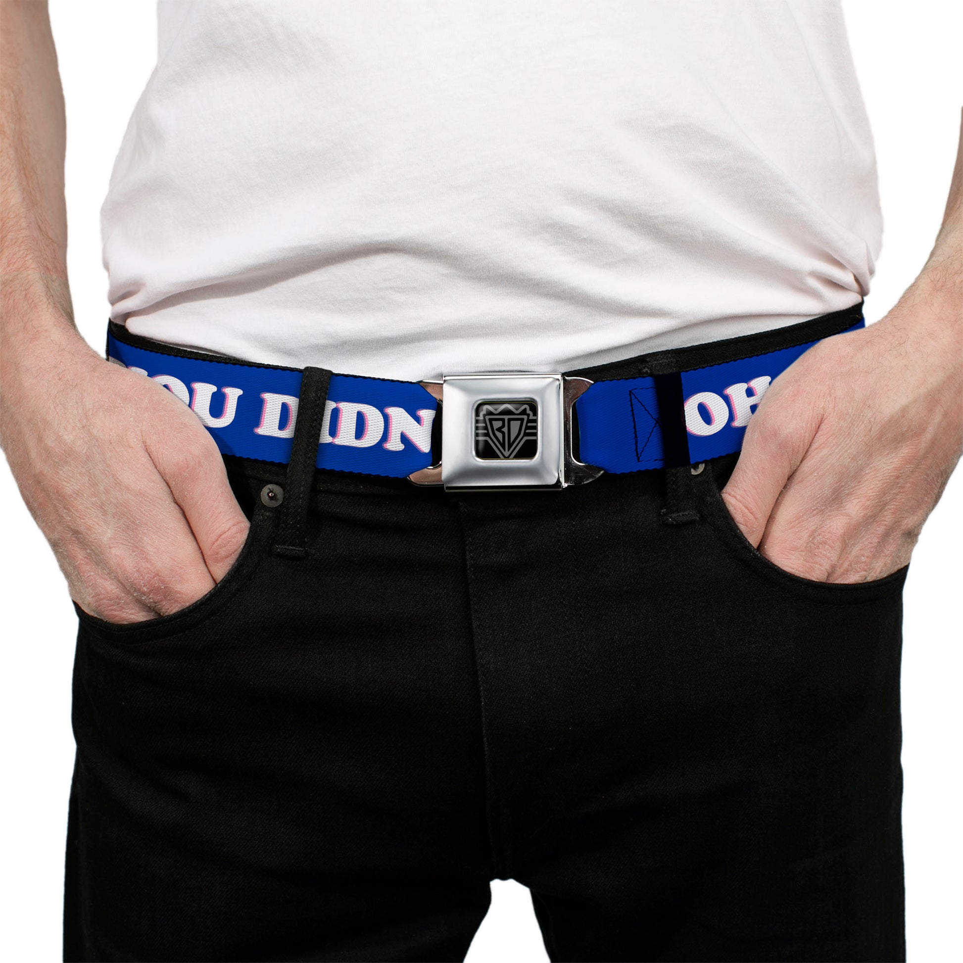 BD Wings Logo CLOSE-UP Full Color Black Silver Seatbelt Belt - OH, NO YOU DIDN'T!!! Navy/Purple/White Webbing Seatbelt Belts Buckle-Down