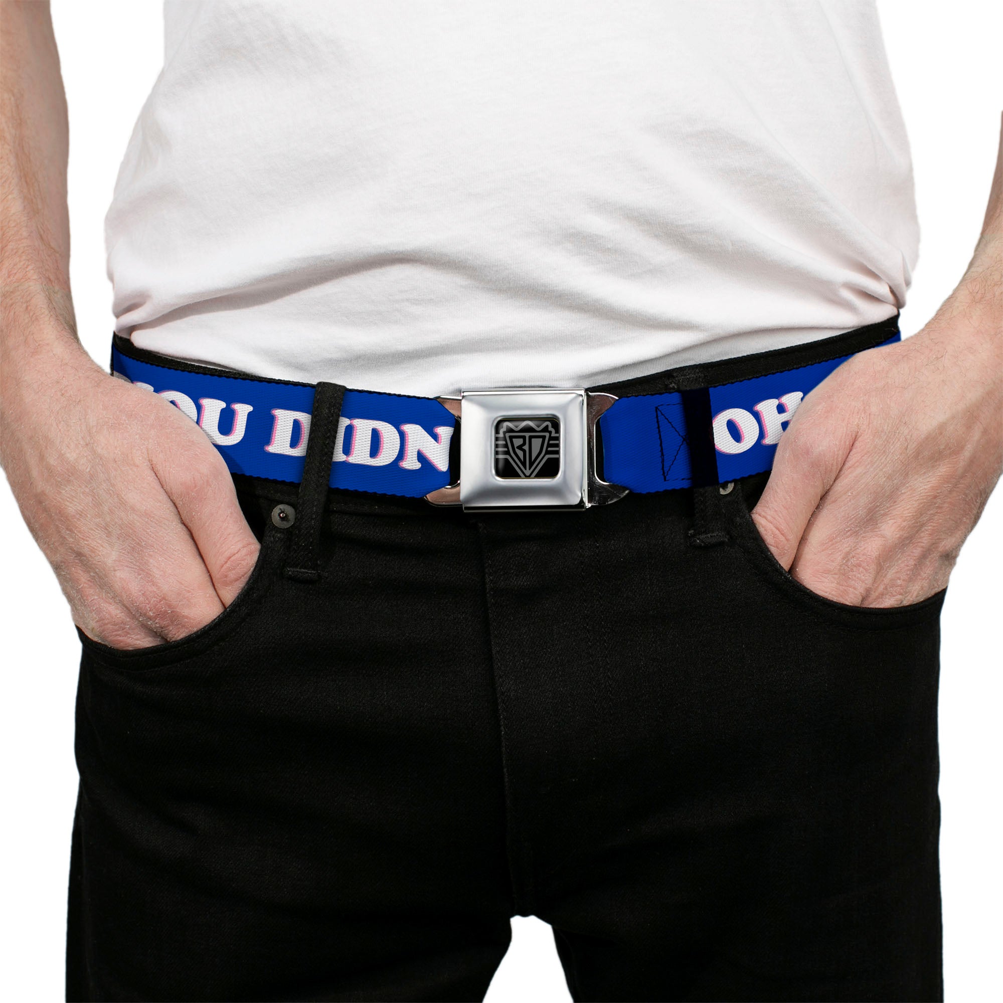 BD Wings Logo CLOSE-UP Full Color Black Silver Seatbelt Belt - OH, NO YOU DIDN'T!!! Navy/Purple/White Webbing Seatbelt Belts Buckle-Down