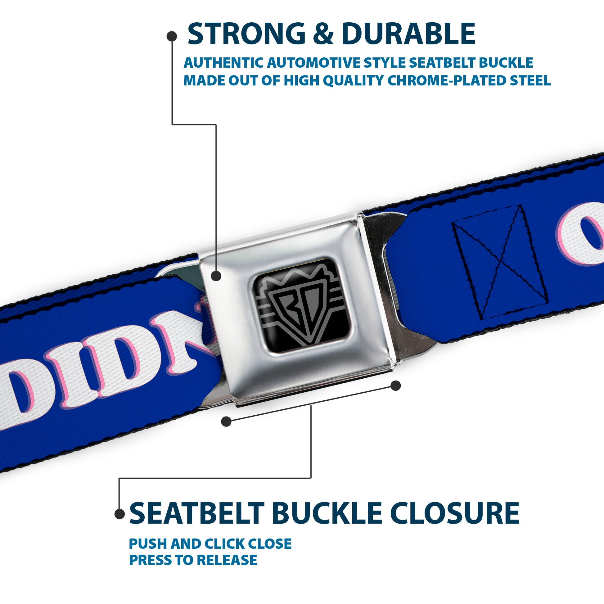 BD Wings Logo CLOSE-UP Full Color Black Silver Seatbelt Belt - OH, NO YOU DIDN'T!!! Navy/Purple/White Webbing Seatbelt Belts Buckle-Down