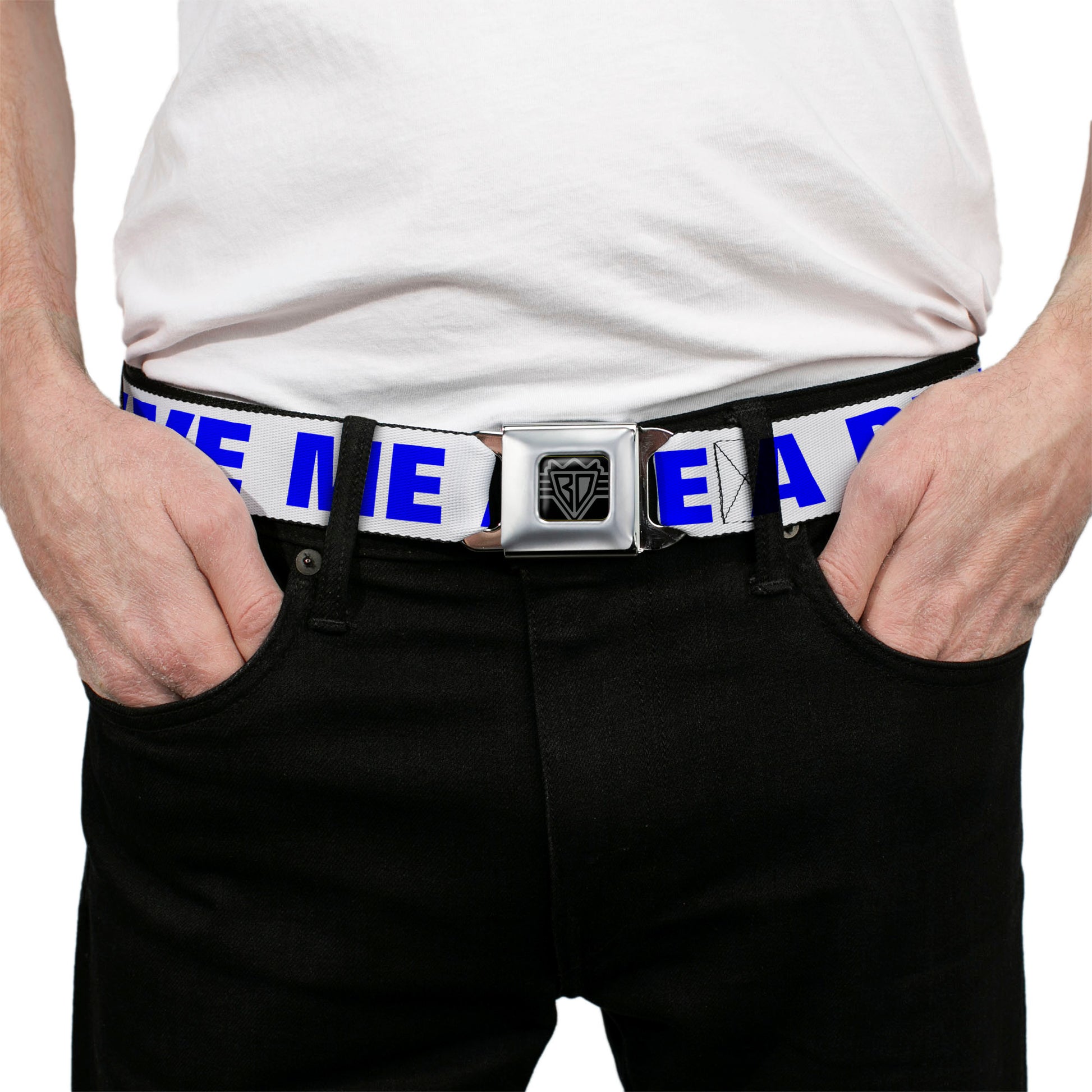 BD Wings Logo CLOSE-UP Full Color Black Silver Seatbelt Belt - OMGâ€¦GIVE ME A BREAK!!! White/Royal Webbing Seatbelt Belts Buckle-Down