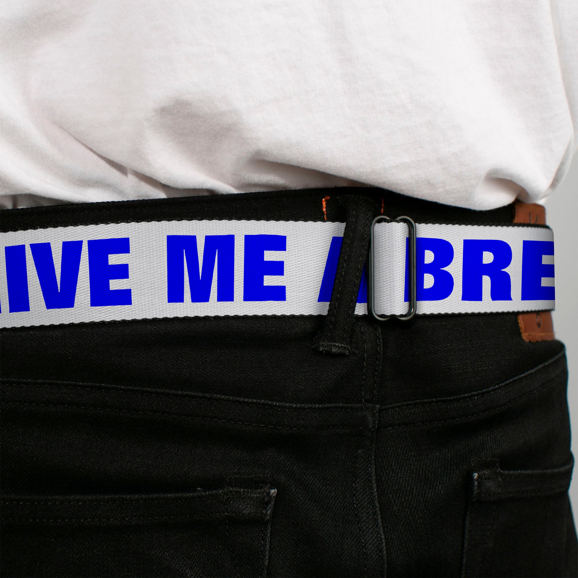 BD Wings Logo CLOSE-UP Full Color Black Silver Seatbelt Belt - OMGâ€¦GIVE ME A BREAK!!! White/Royal Webbing Seatbelt Belts Buckle-Down