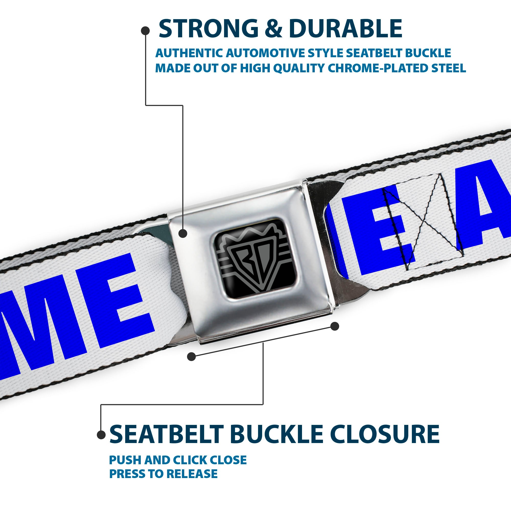 BD Wings Logo CLOSE-UP Full Color Black Silver Seatbelt Belt - OMGâ€¦GIVE ME A BREAK!!! White/Royal Webbing Seatbelt Belts Buckle-Down