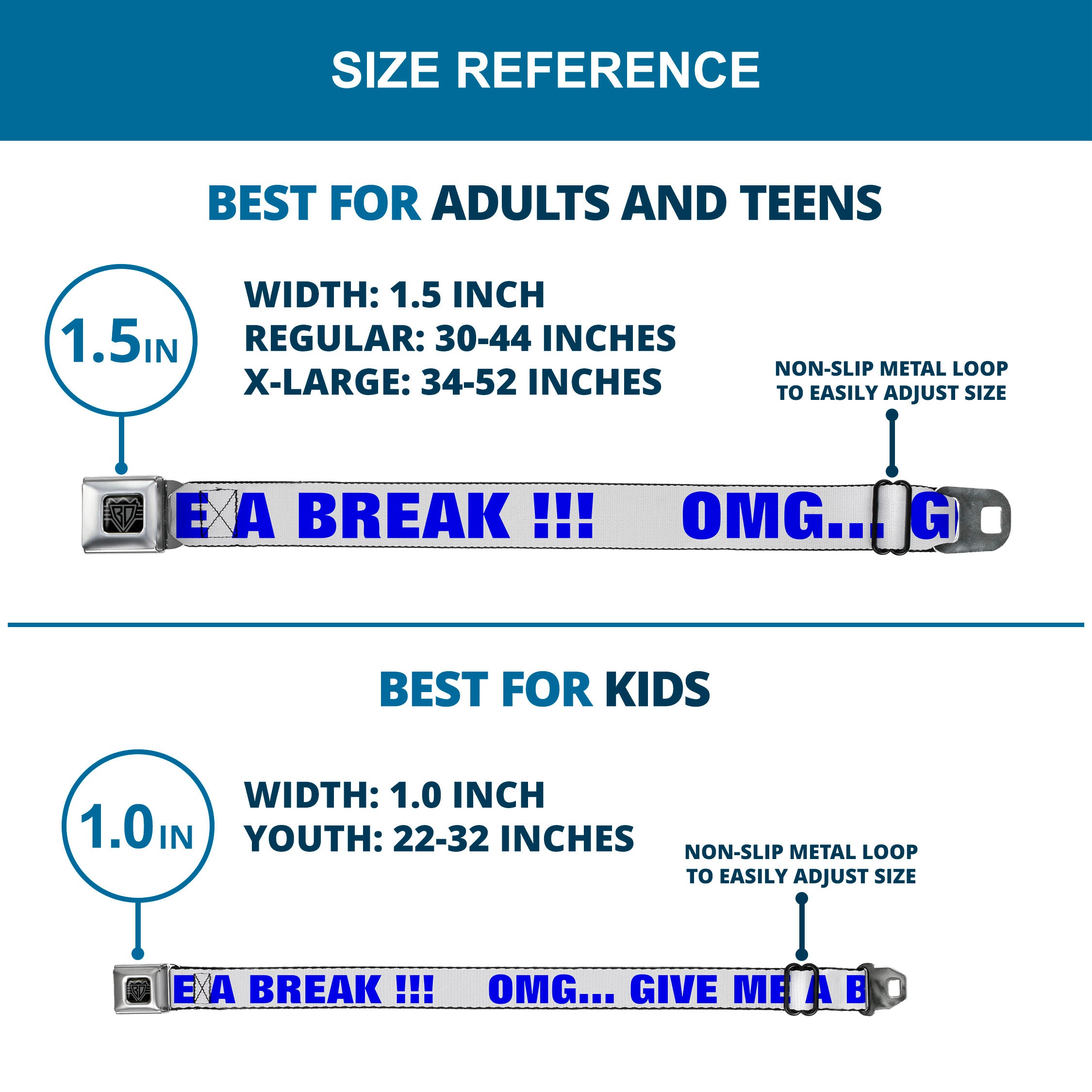 BD Wings Logo CLOSE-UP Full Color Black Silver Seatbelt Belt - OMGâ€¦GIVE ME A BREAK!!! White/Royal Webbing Seatbelt Belts Buckle-Down