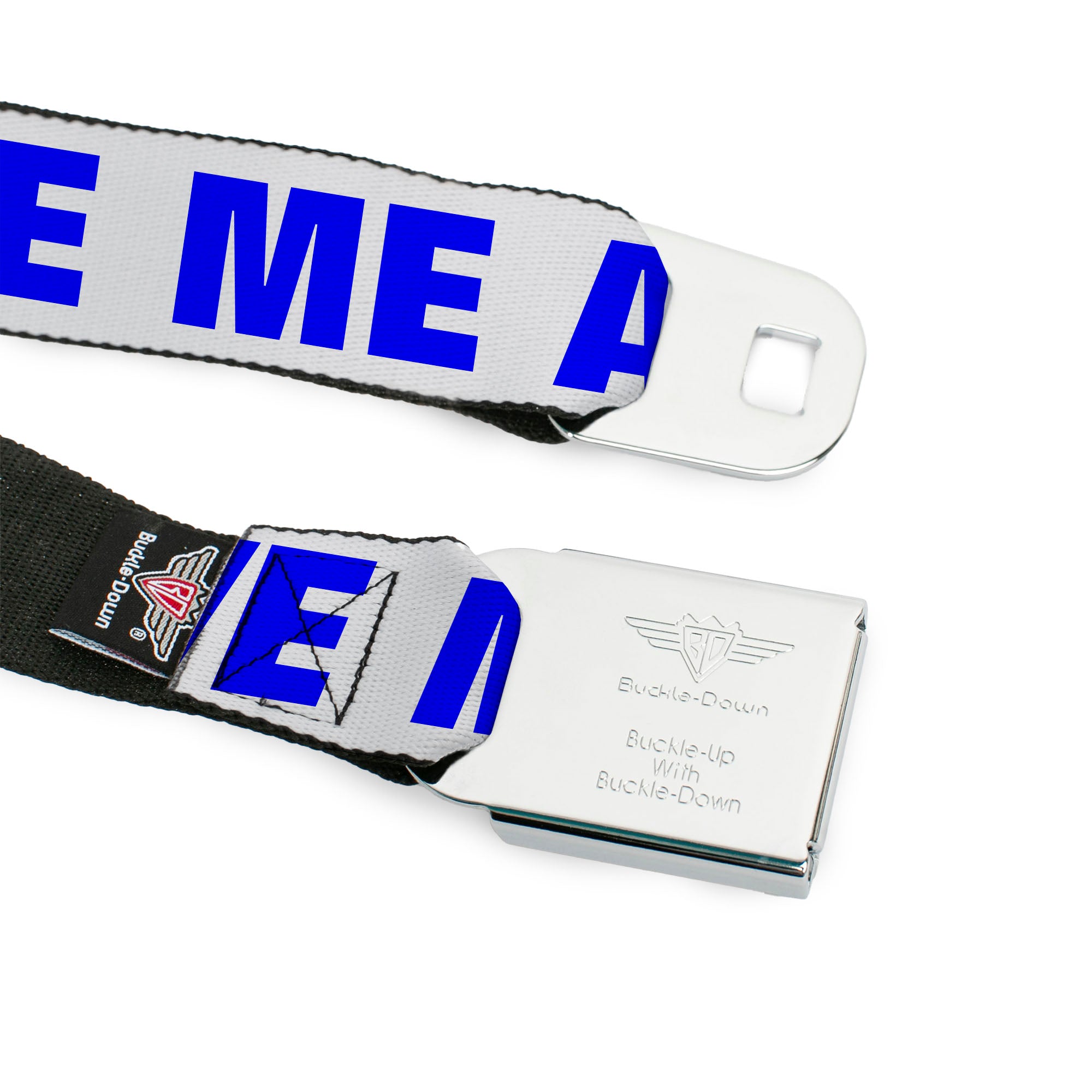BD Wings Logo CLOSE-UP Full Color Black Silver Seatbelt Belt - OMGâ€¦GIVE ME A BREAK!!! White/Royal Webbing Seatbelt Belts Buckle-Down