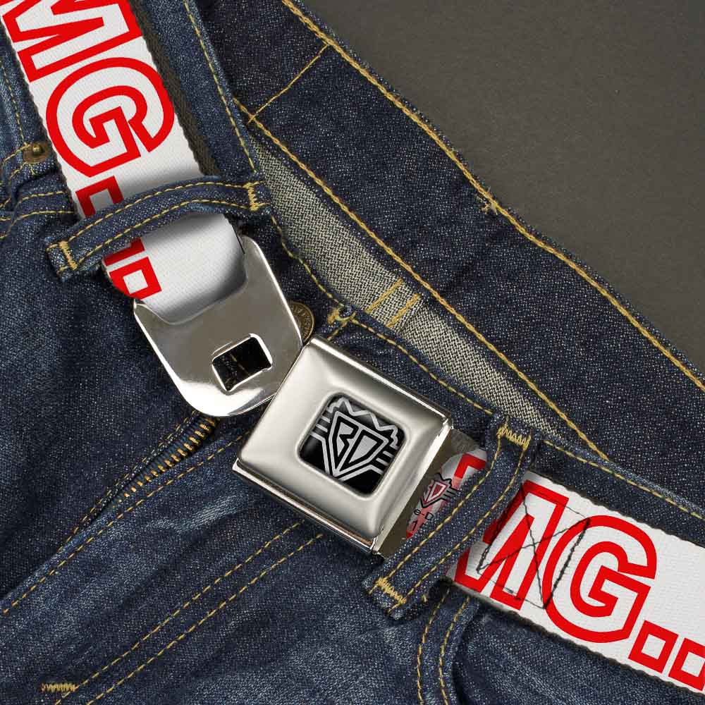 BD Wings Logo CLOSE-UP Full Color Black Silver Seatbelt Belt - OMGâ€¦GIVE ME A BREAK!!! White/Red Webbing Seatbelt Belts Buckle-Down