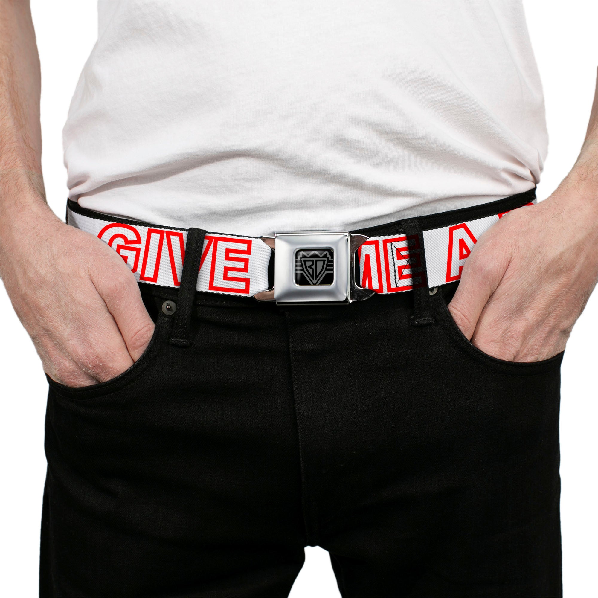 BD Wings Logo CLOSE-UP Full Color Black Silver Seatbelt Belt - OMGâ€¦GIVE ME A BREAK!!! White/Red Webbing Seatbelt Belts Buckle-Down