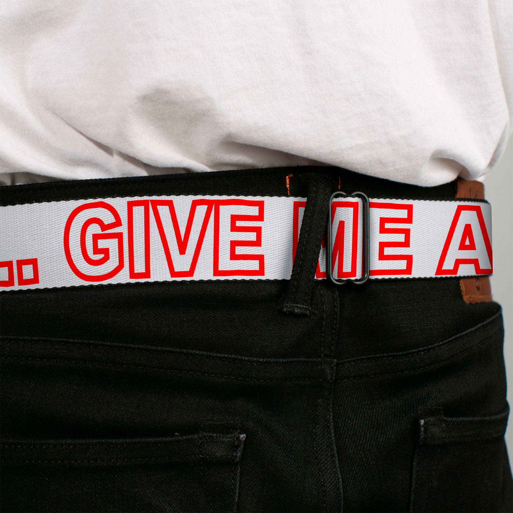 BD Wings Logo CLOSE-UP Full Color Black Silver Seatbelt Belt - OMGâ€¦GIVE ME A BREAK!!! White/Red Webbing Seatbelt Belts Buckle-Down