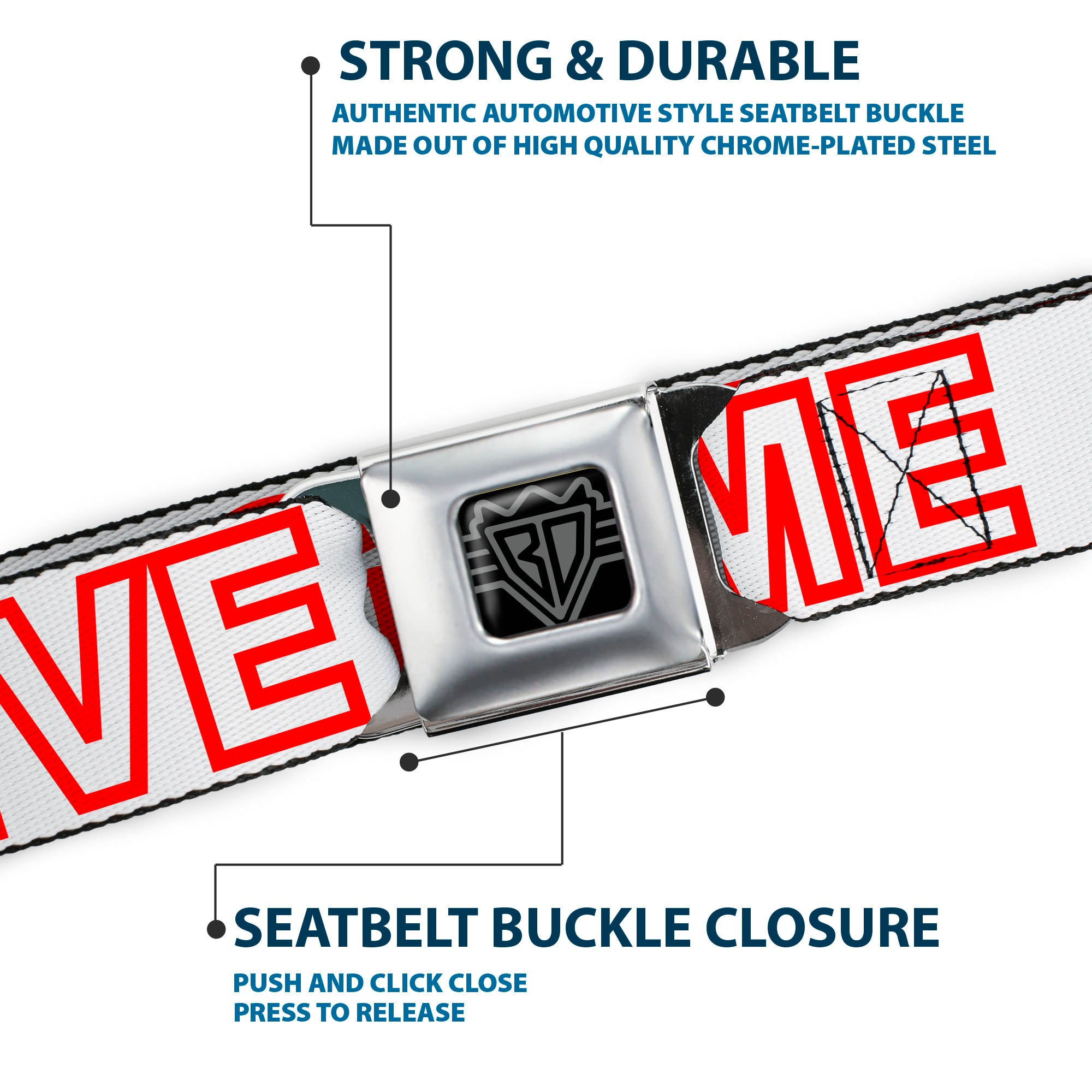 BD Wings Logo CLOSE-UP Full Color Black Silver Seatbelt Belt - OMGâ€¦GIVE ME A BREAK!!! White/Red Webbing Seatbelt Belts Buckle-Down