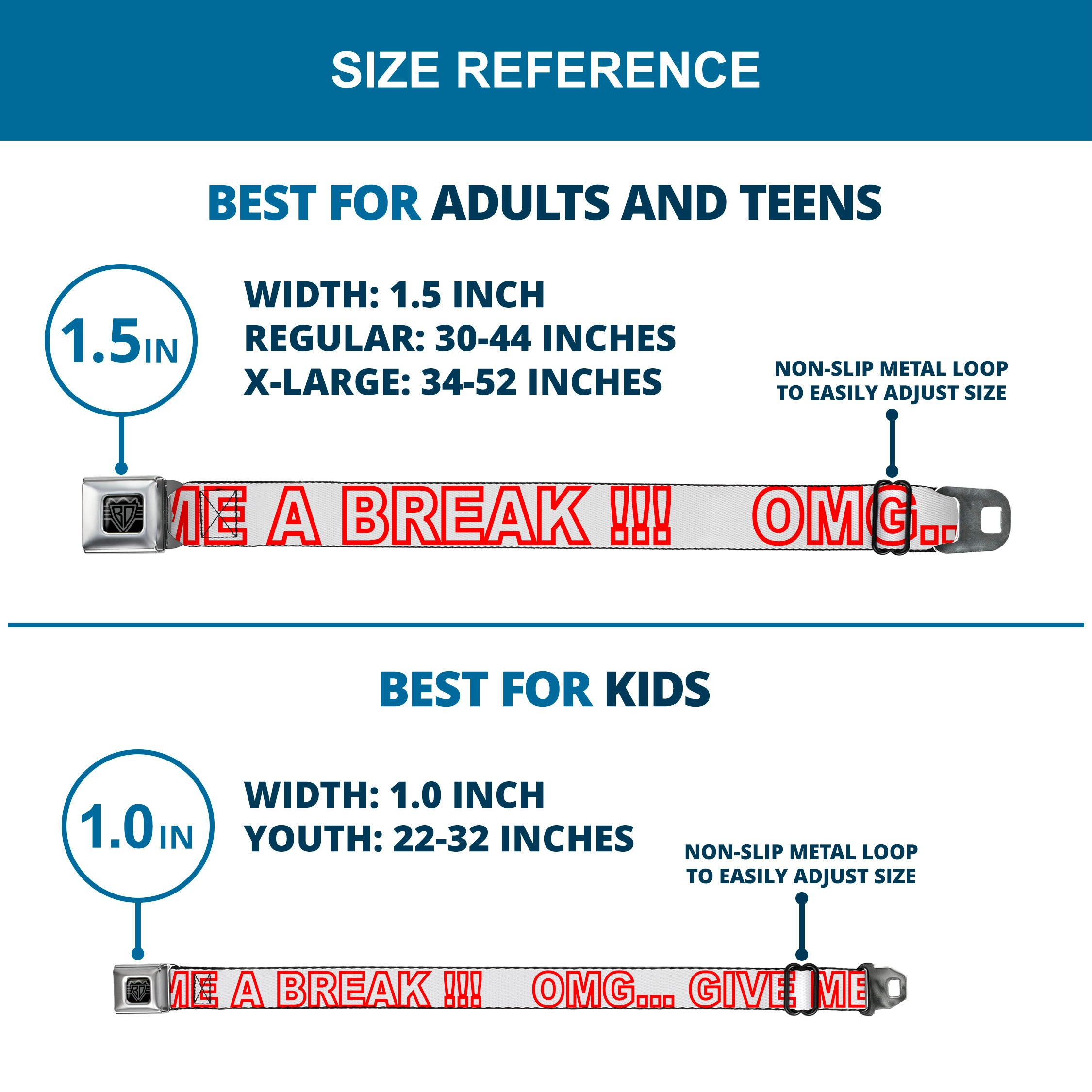 BD Wings Logo CLOSE-UP Full Color Black Silver Seatbelt Belt - OMGâ€¦GIVE ME A BREAK!!! White/Red Webbing Seatbelt Belts Buckle-Down