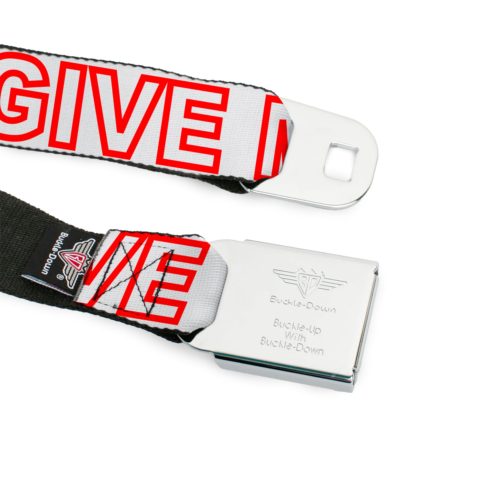 BD Wings Logo CLOSE-UP Full Color Black Silver Seatbelt Belt - OMGâ€¦GIVE ME A BREAK!!! White/Red Webbing Seatbelt Belts Buckle-Down